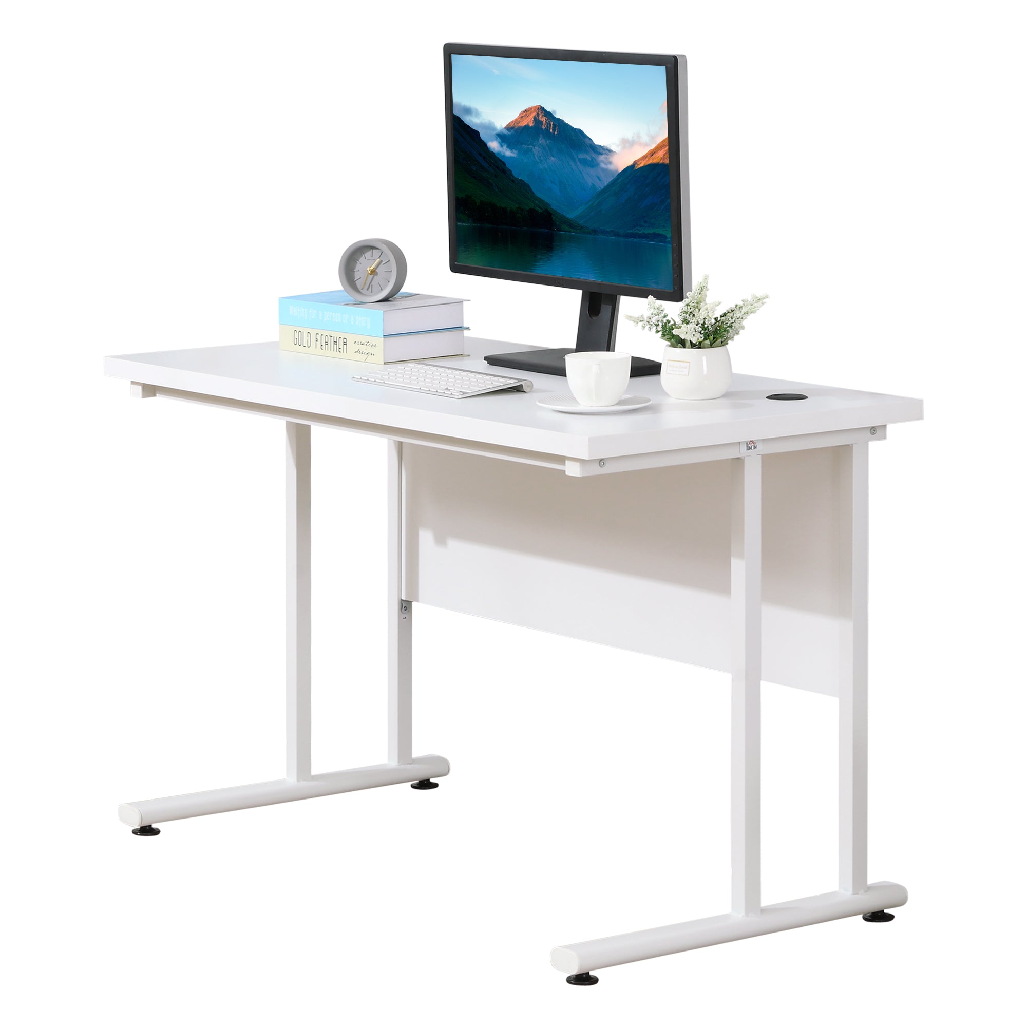 HOMCOM Computer Desk, Home Office Desk, Writing Table, 120x60x75cm Laptop Workstation with 2 Cable Management Holes, C Shaped Metal Legs for Adults, White 