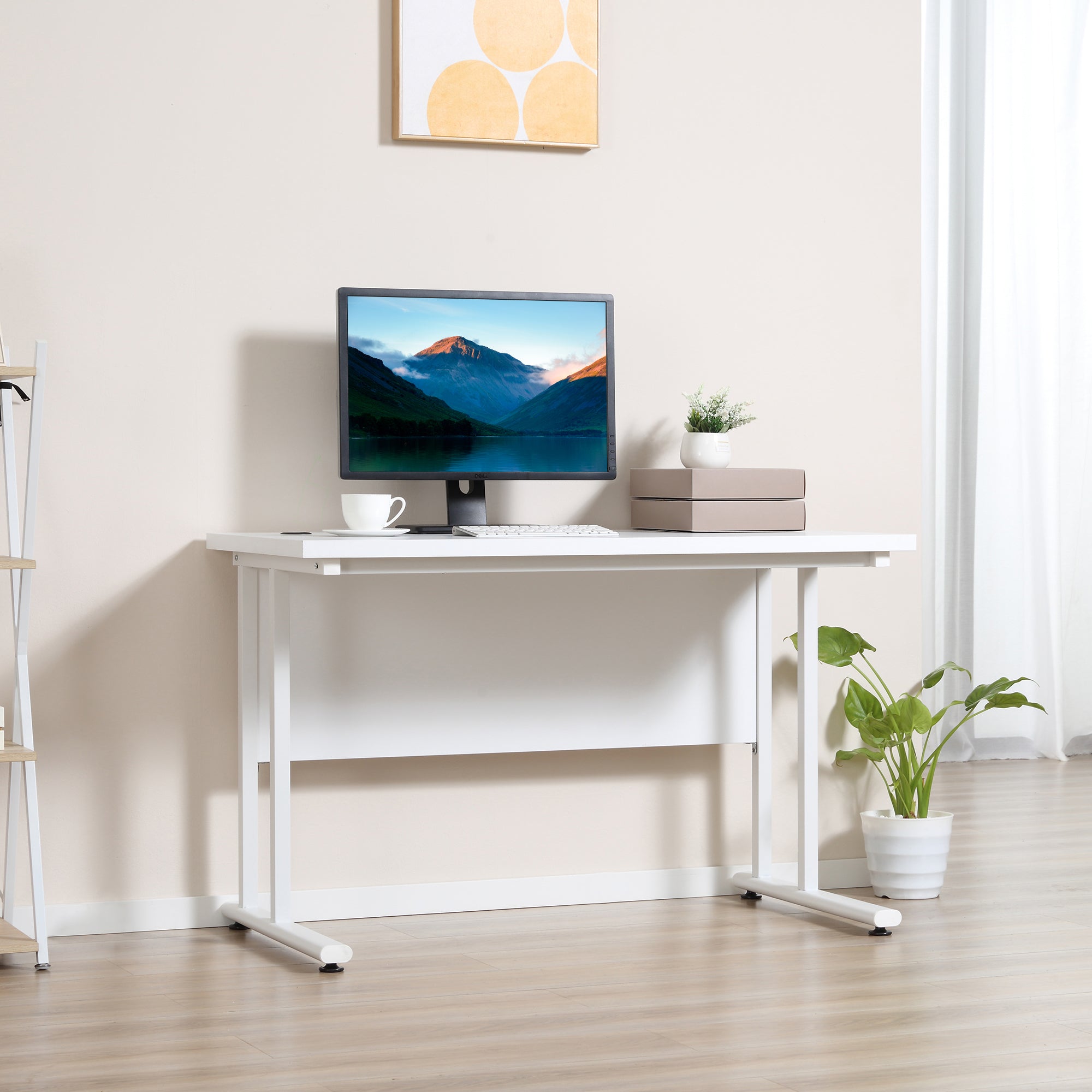 HOMCOM Computer Desk, Home Office Desk, Writing Table, 120x60x75cm Laptop Workstation with 2 Cable Management Holes, C Shaped Metal Legs for Adults, White 