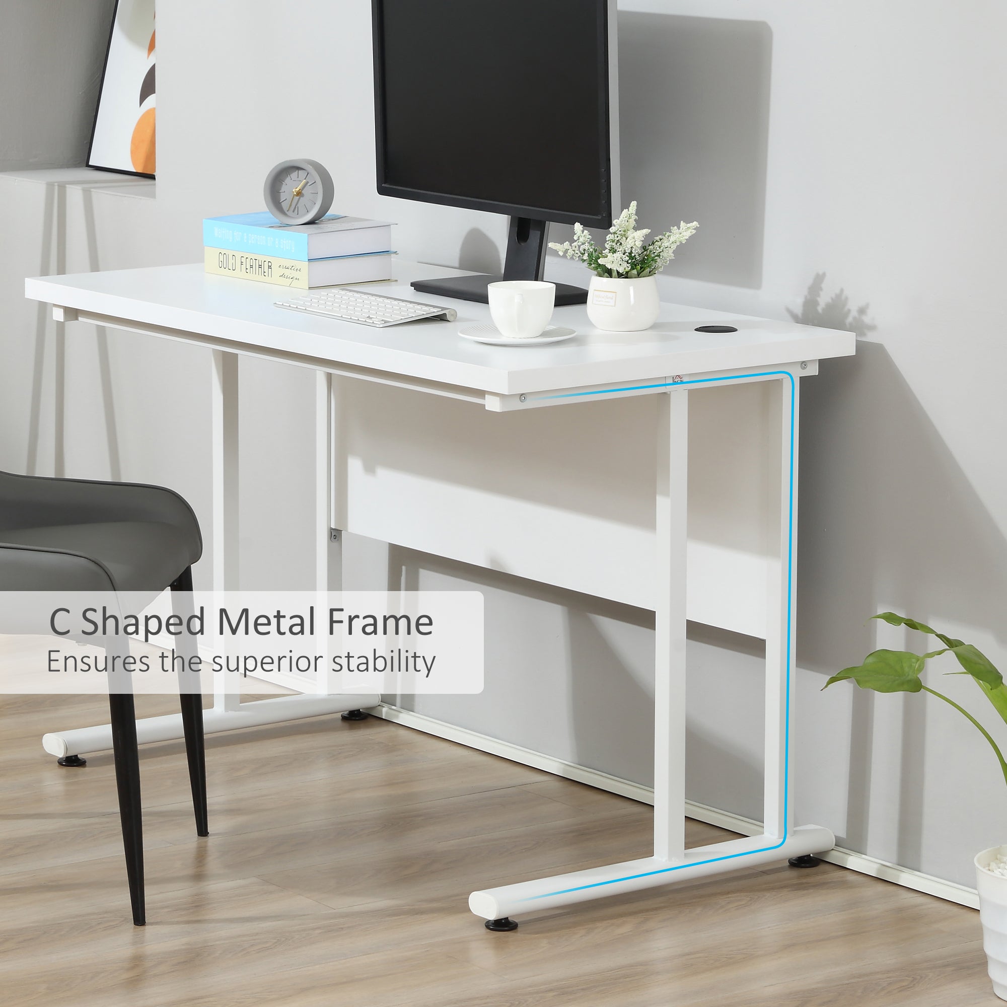 HOMCOM Computer Desk, Home Office Desk, Writing Table, 120x60x75cm Laptop Workstation with 2 Cable Management Holes, C Shaped Metal Legs for Adults, White 