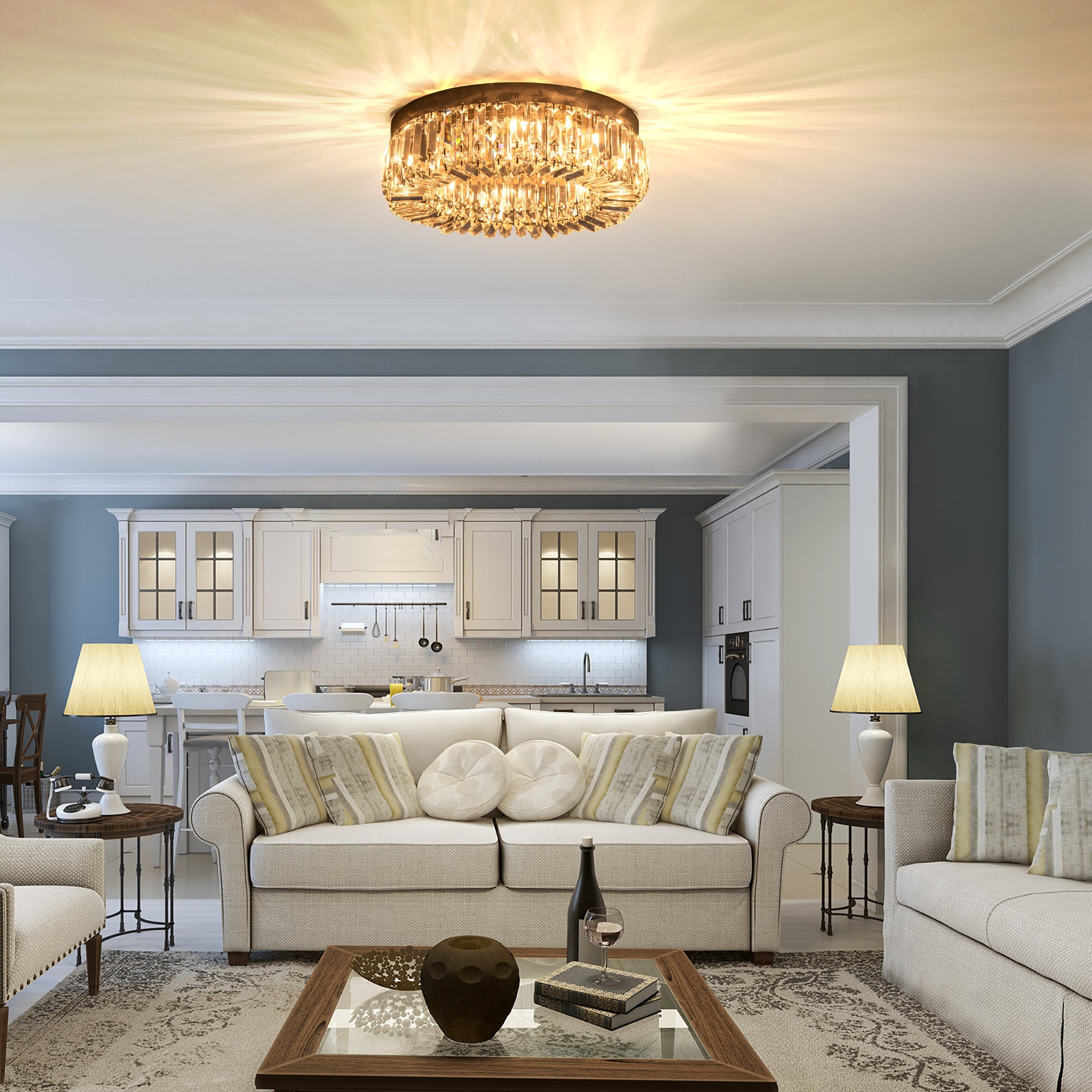 HOMCOM Crystal Ceiling Light Modern Chandeliers Stainless Steel Pendant Lights with Crystal Decorations for Living Room Bedroom Dining Room Hall Silver 