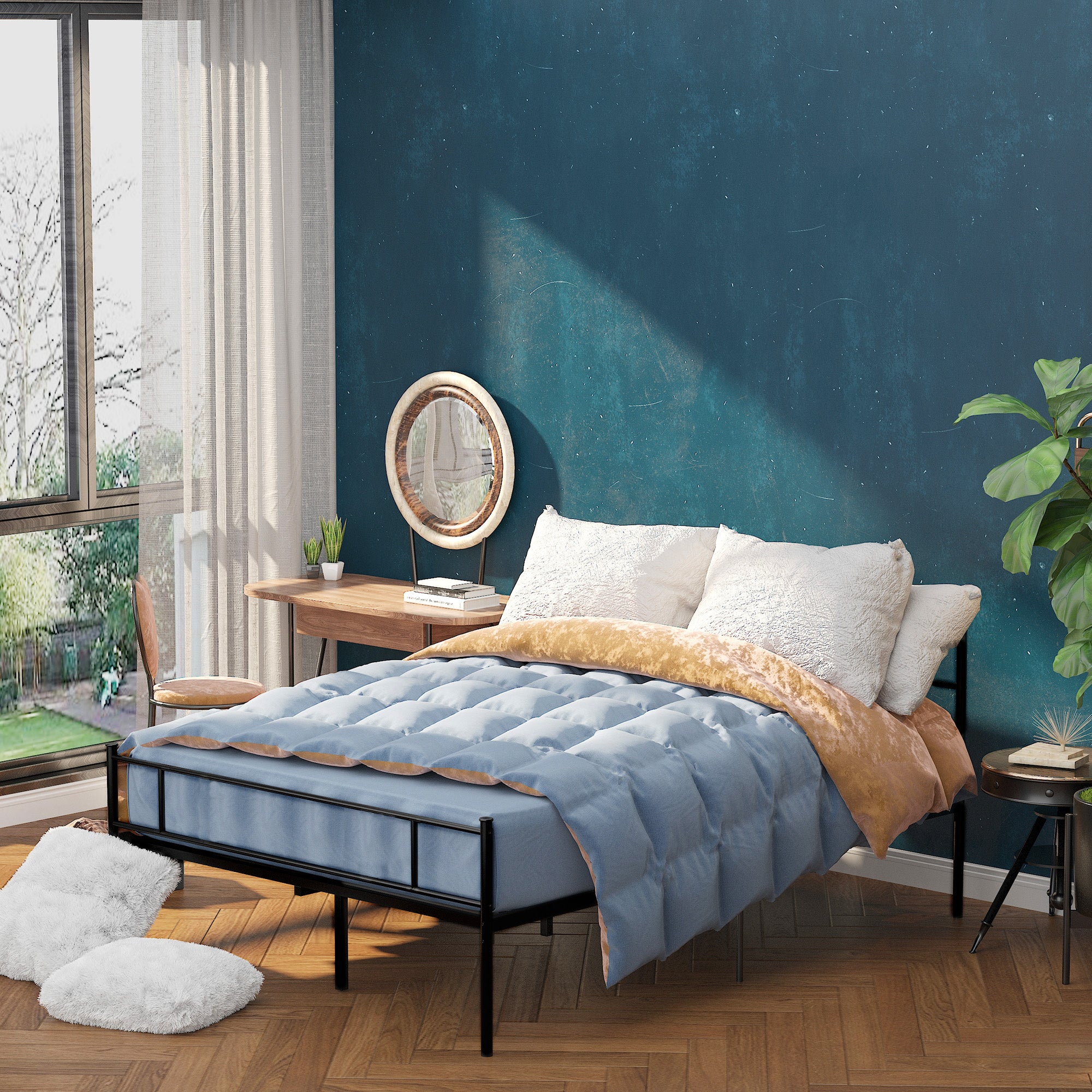 HOMCOM Double Metal Bed Frame Solid Bedstead Base with Headboard and Footboard, Metal Slat Support and Underbed Storage Space, Bedroom Furniture, Black 