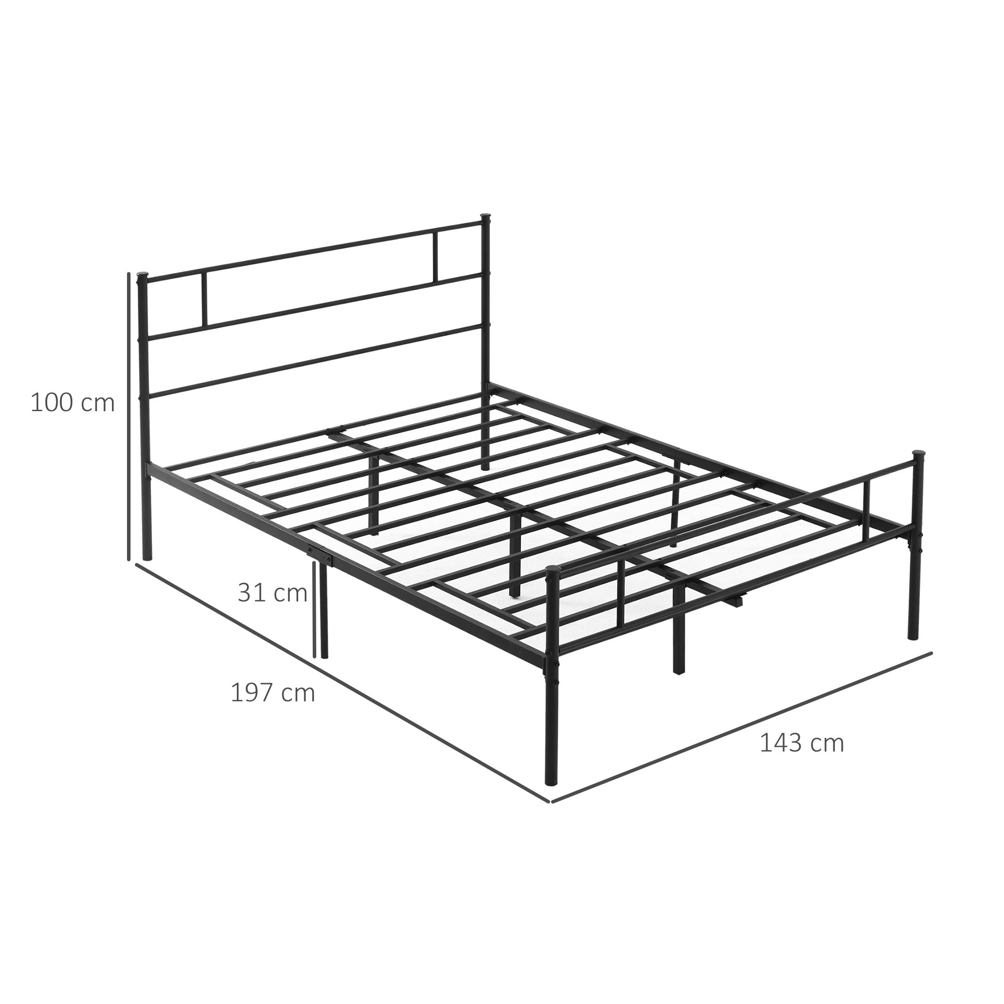 HOMCOM Double Metal Bed Frame Solid Bedstead Base with Headboard and Footboard, Metal Slat Support and Underbed Storage Space, Bedroom Furniture, Black 