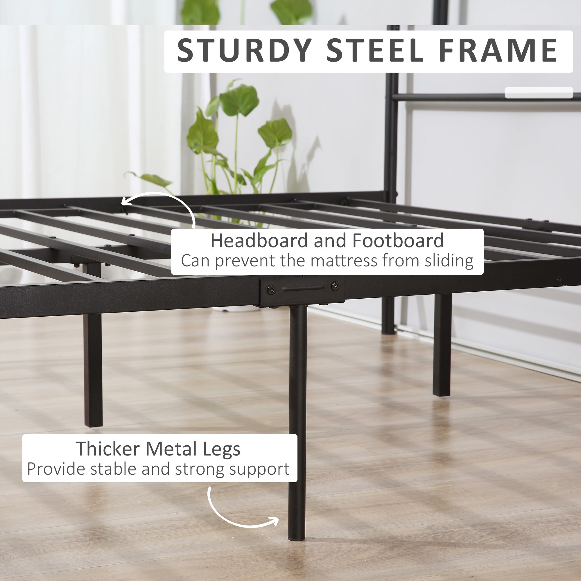 HOMCOM Double Metal Bed Frame Solid Bedstead Base with Headboard and Footboard, Metal Slat Support and Underbed Storage Space, Bedroom Furniture, Black 