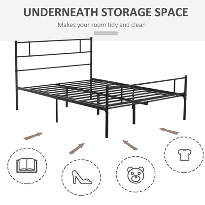 HOMCOM Double Metal Bed Frame Solid Bedstead Base with Headboard and Footboard, Metal Slat Support and Underbed Storage Space, Bedroom Furniture, Black 