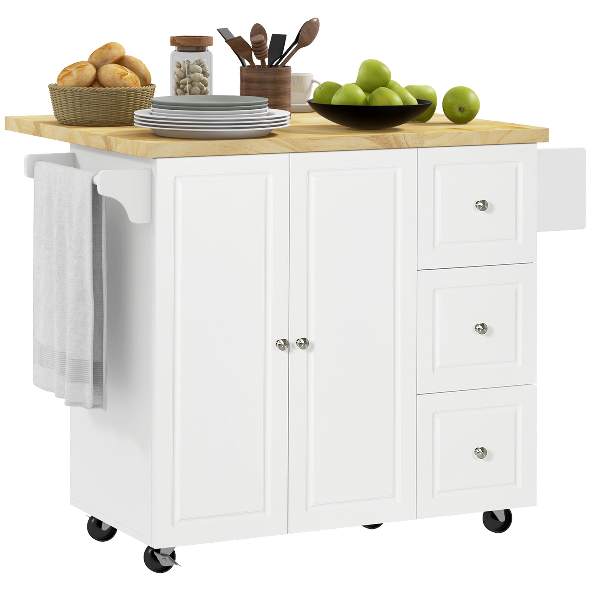 HOMCOM Drop-Leaf Kitchen Island on Wheels Utility Storage Cart with Drawers & Cabinet for Kitchen, Dining & Living Room 