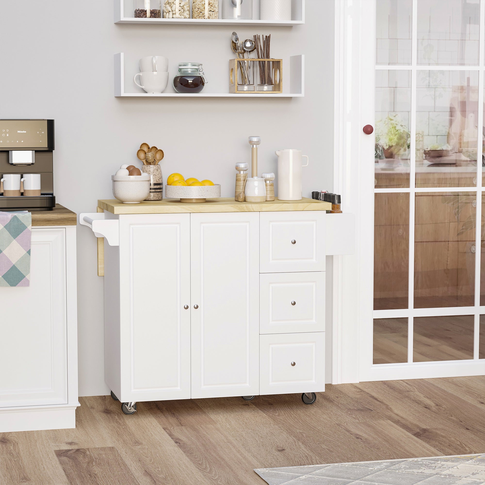 HOMCOM Drop-Leaf Kitchen Island on Wheels Utility Storage Cart with Drawers & Cabinet for Kitchen, Dining & Living Room 