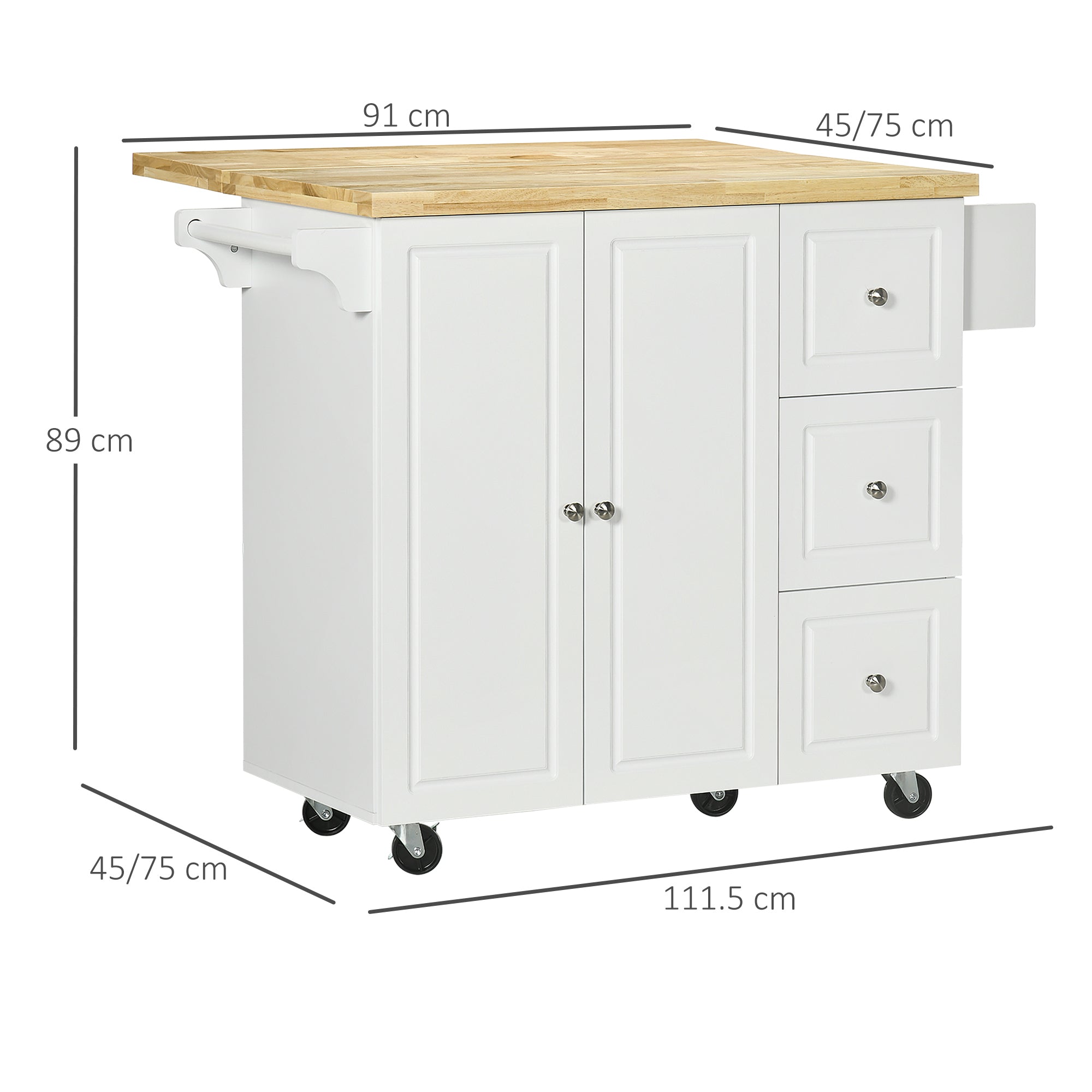 HOMCOM Drop-Leaf Kitchen Island on Wheels Utility Storage Cart with Drawers & Cabinet for Kitchen, Dining & Living Room 