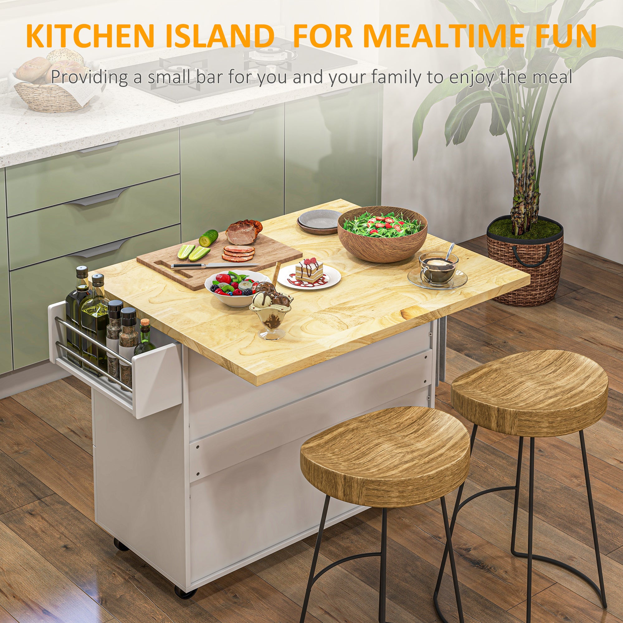HOMCOM Drop-Leaf Kitchen Island on Wheels Utility Storage Cart with Drawers & Cabinet for Kitchen, Dining & Living Room 