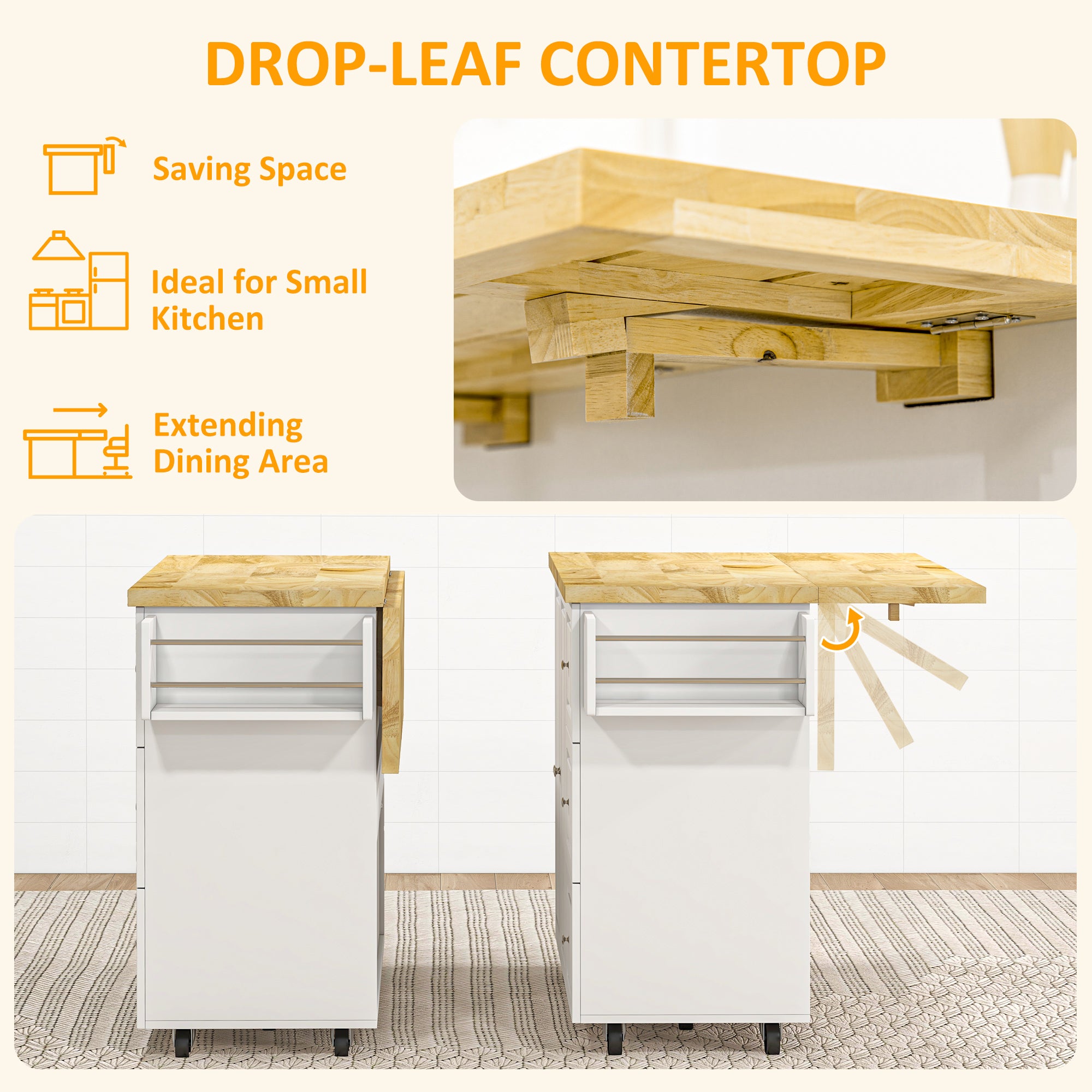 HOMCOM Drop-Leaf Kitchen Island on Wheels Utility Storage Cart with Drawers & Cabinet for Kitchen, Dining & Living Room 