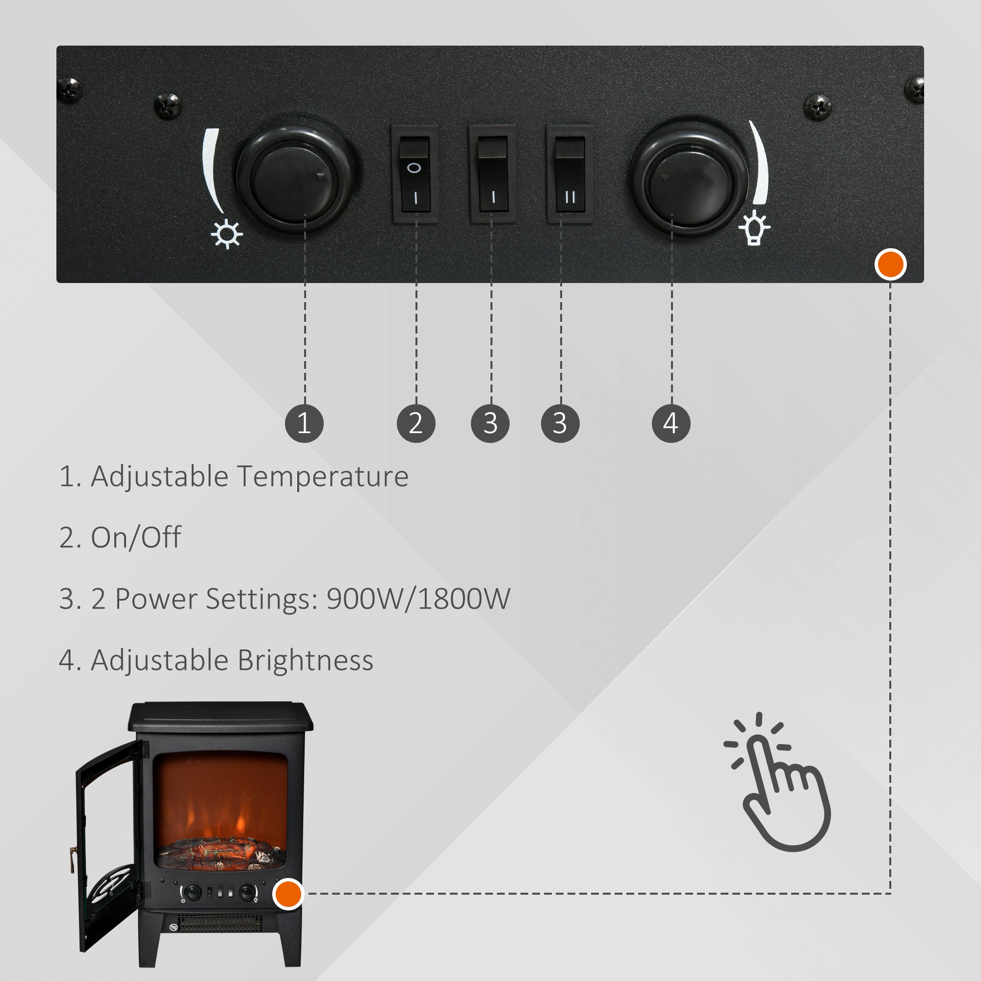 HOMCOM Electric Fireplace Stove, Free standing Fireplace Heater with Realistic LED Flame Effect, Overheat Safety Protection, 900W/1800W, Black 