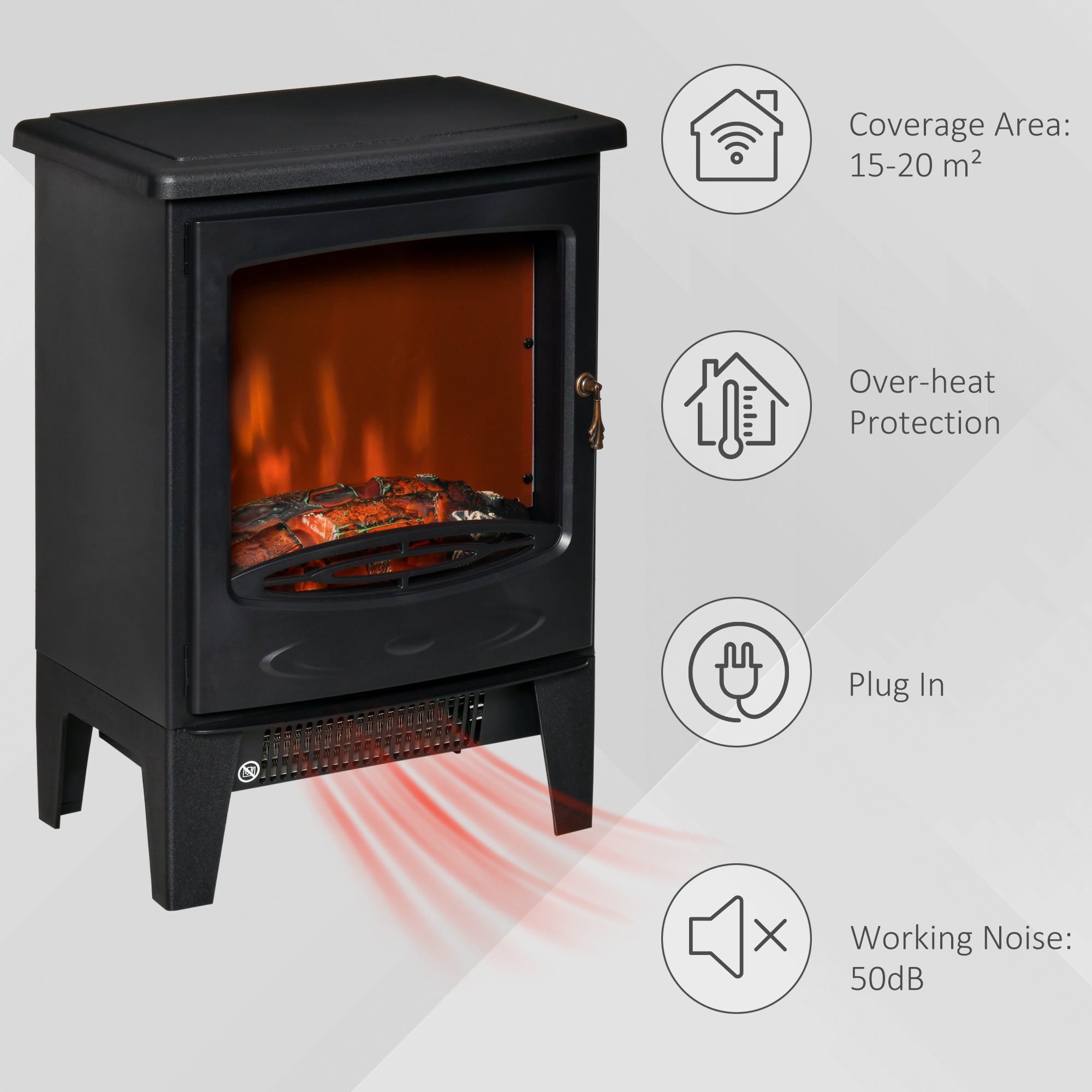 HOMCOM Electric Fireplace Stove, Free standing Fireplace Heater with Realistic LED Flame Effect, Overheat Safety Protection, 900W/1800W, Black 