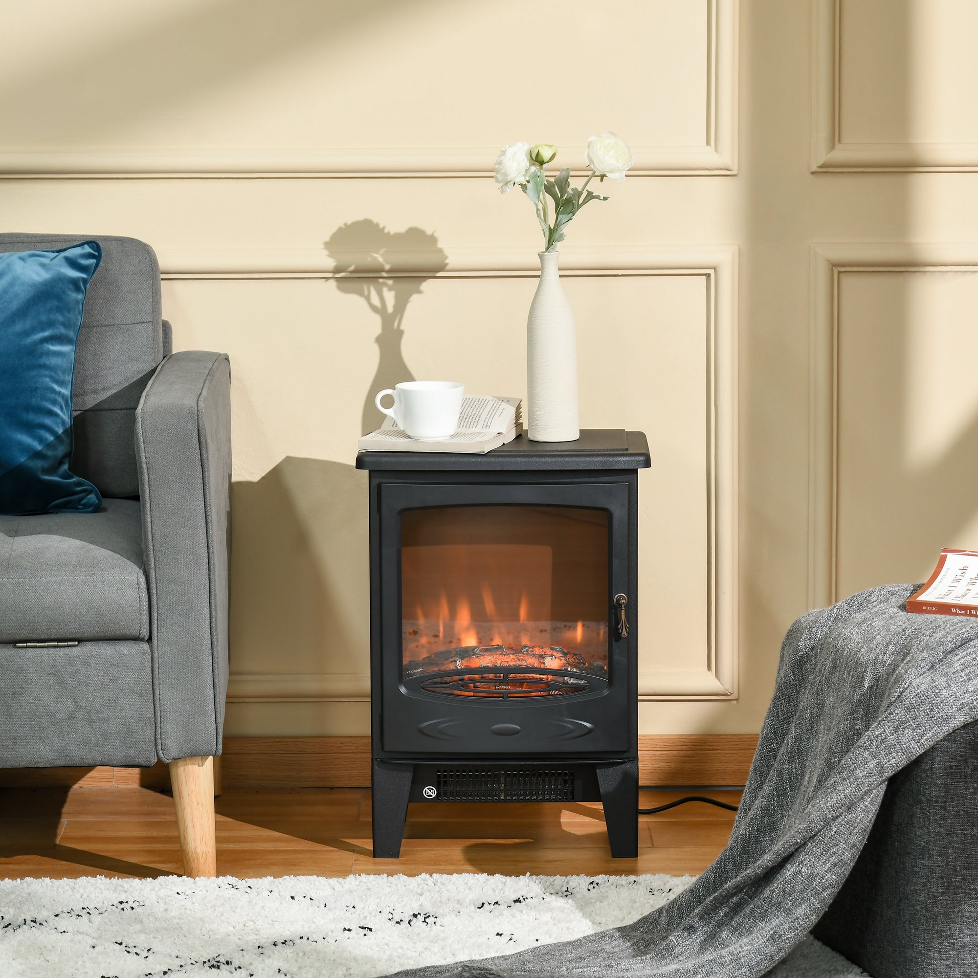 HOMCOM Electric Fireplace Stove, Free standing Fireplace Heater with Realistic LED Flame Effect, Overheat Safety Protection, 900W/1800W, Black 