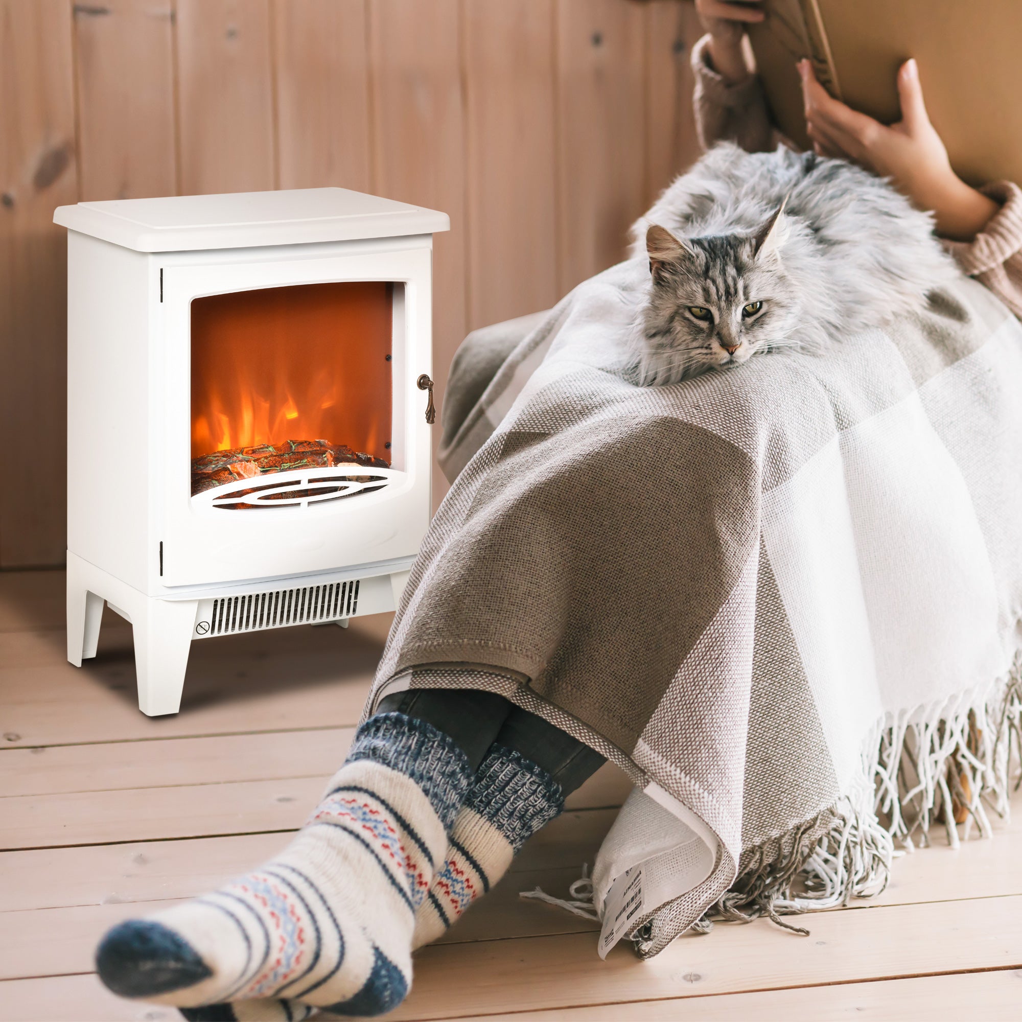 HOMCOM Electric Fireplace Stove, Free standing Fireplace Heater with Realistic LED Flame Effect, Overheat Safety Protection, 900W/1800W, White 
