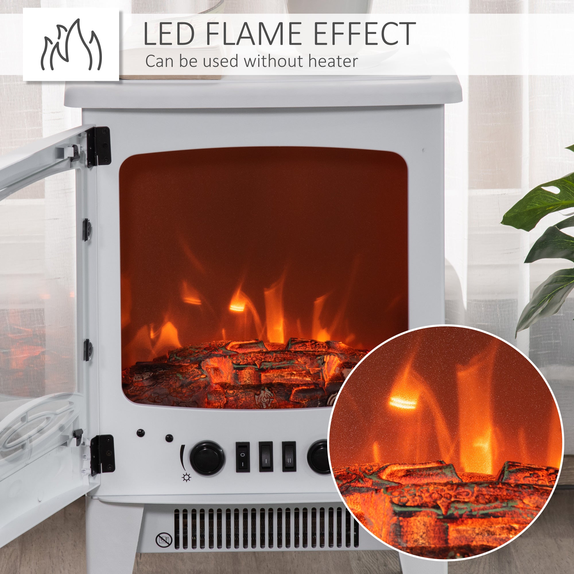 HOMCOM Electric Fireplace Stove, Free standing Fireplace Heater with Realistic LED Flame Effect, Overheat Safety Protection, 900W/1800W, White 
