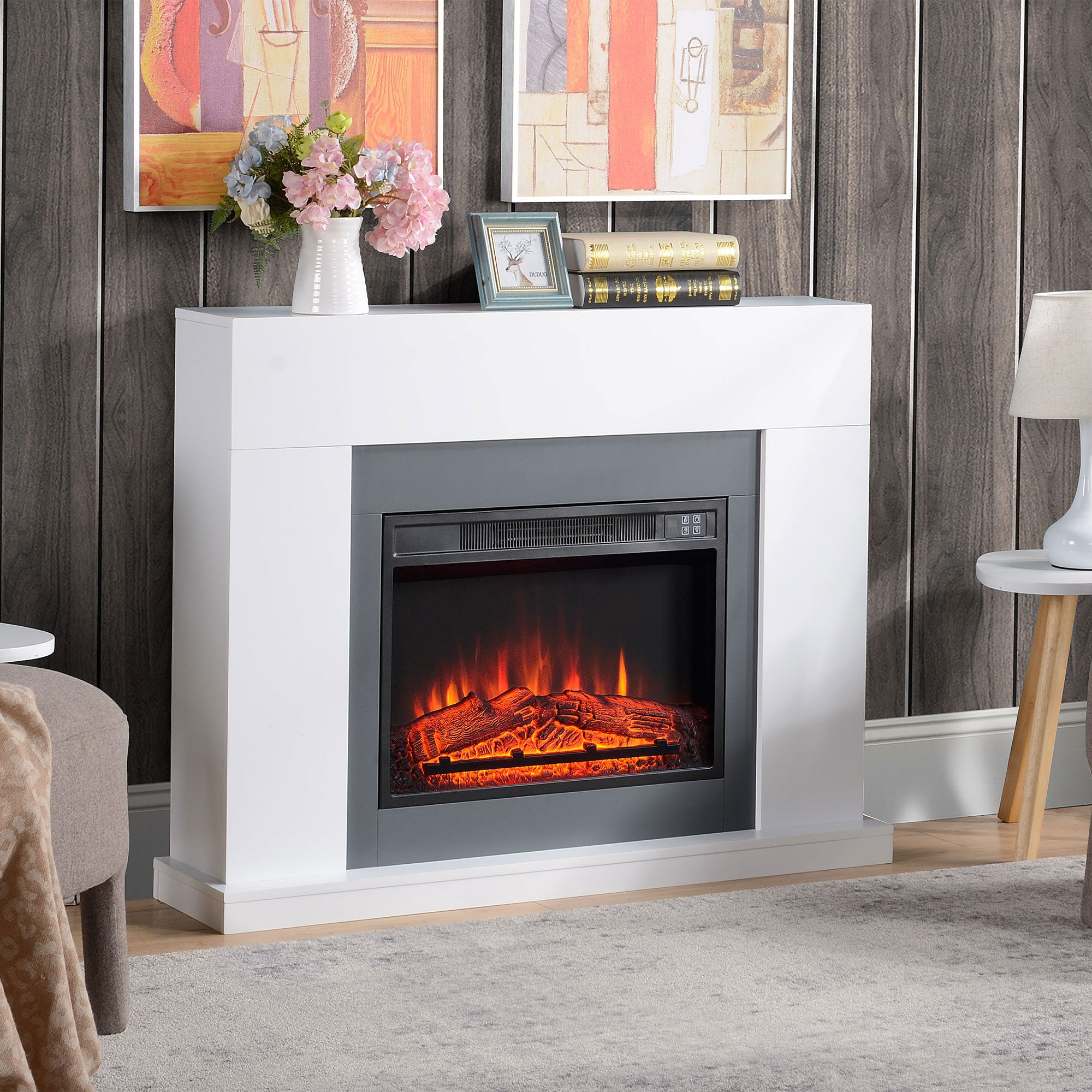 HOMCOM Electric Fireplace Suite with Remote Control, 2000W Freestanding Fireplace Heater with LED Flame Effect, Overheat Protection, 7-Day Programmable Timer, White 