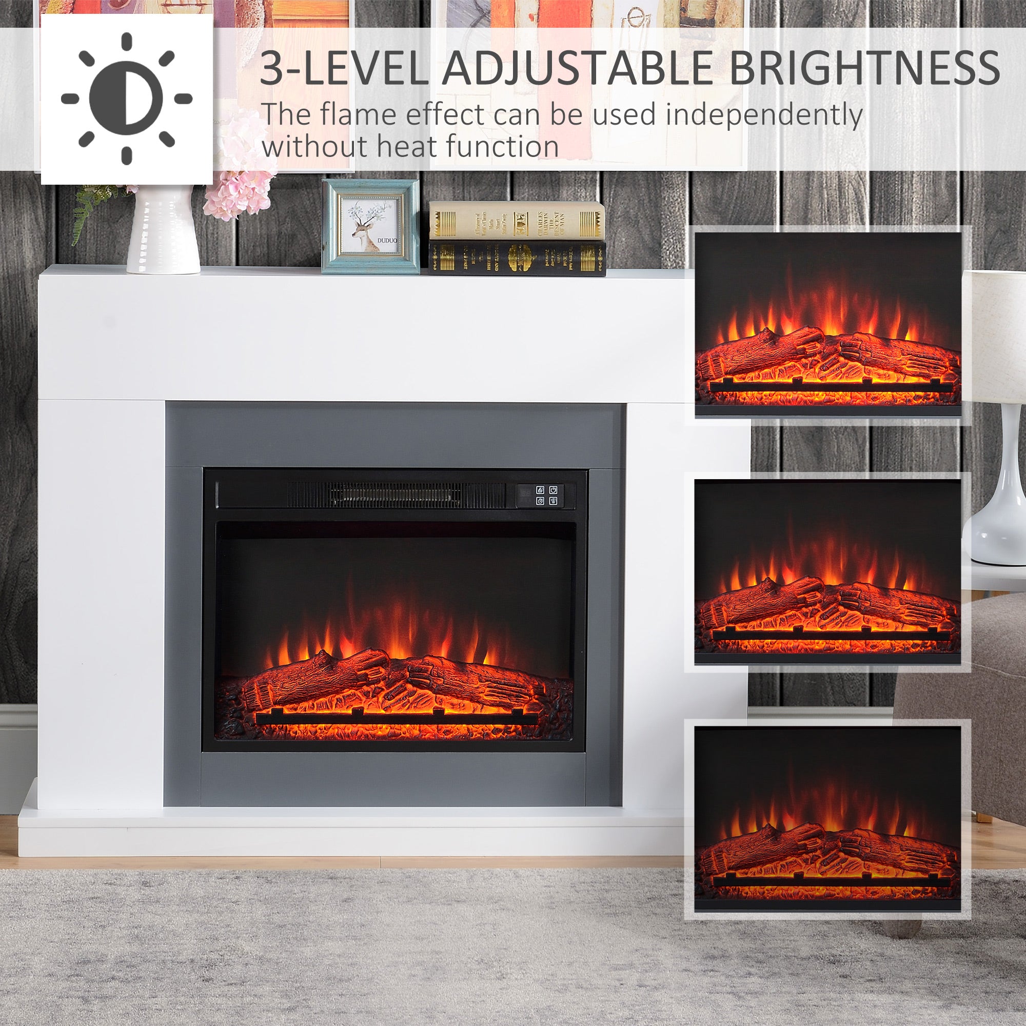 HOMCOM Electric Fireplace Suite with Remote Control, 2000W Freestanding Fireplace Heater with LED Flame Effect, Overheat Protection, 7-Day Programmable Timer, White 