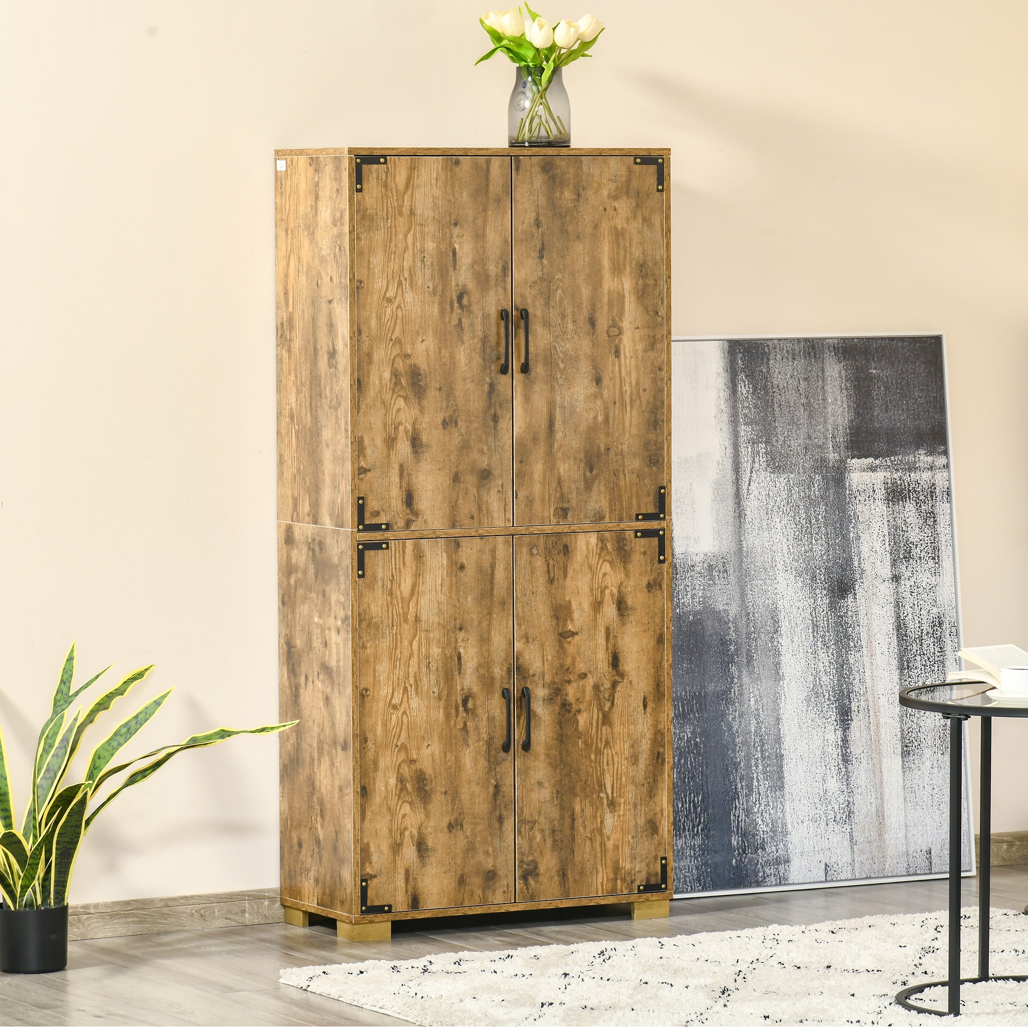 HOMCOM Farmhouse 4-Door Cabinet, Freestanding Tall Cupboard with Storage Shelves for Bedroom & Living Room, Rustic Wood Effect 