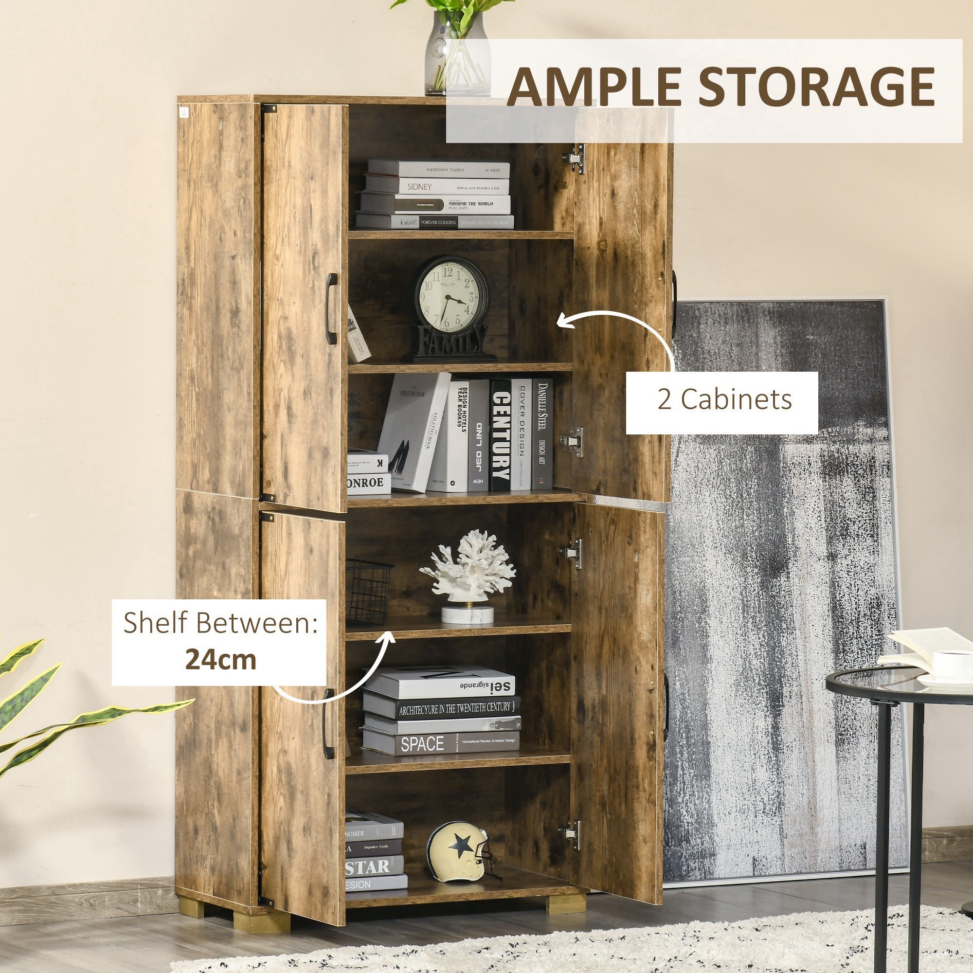 HOMCOM Farmhouse 4-Door Cabinet, Freestanding Tall Cupboard with Storage Shelves for Bedroom & Living Room, Rustic Wood Effect 