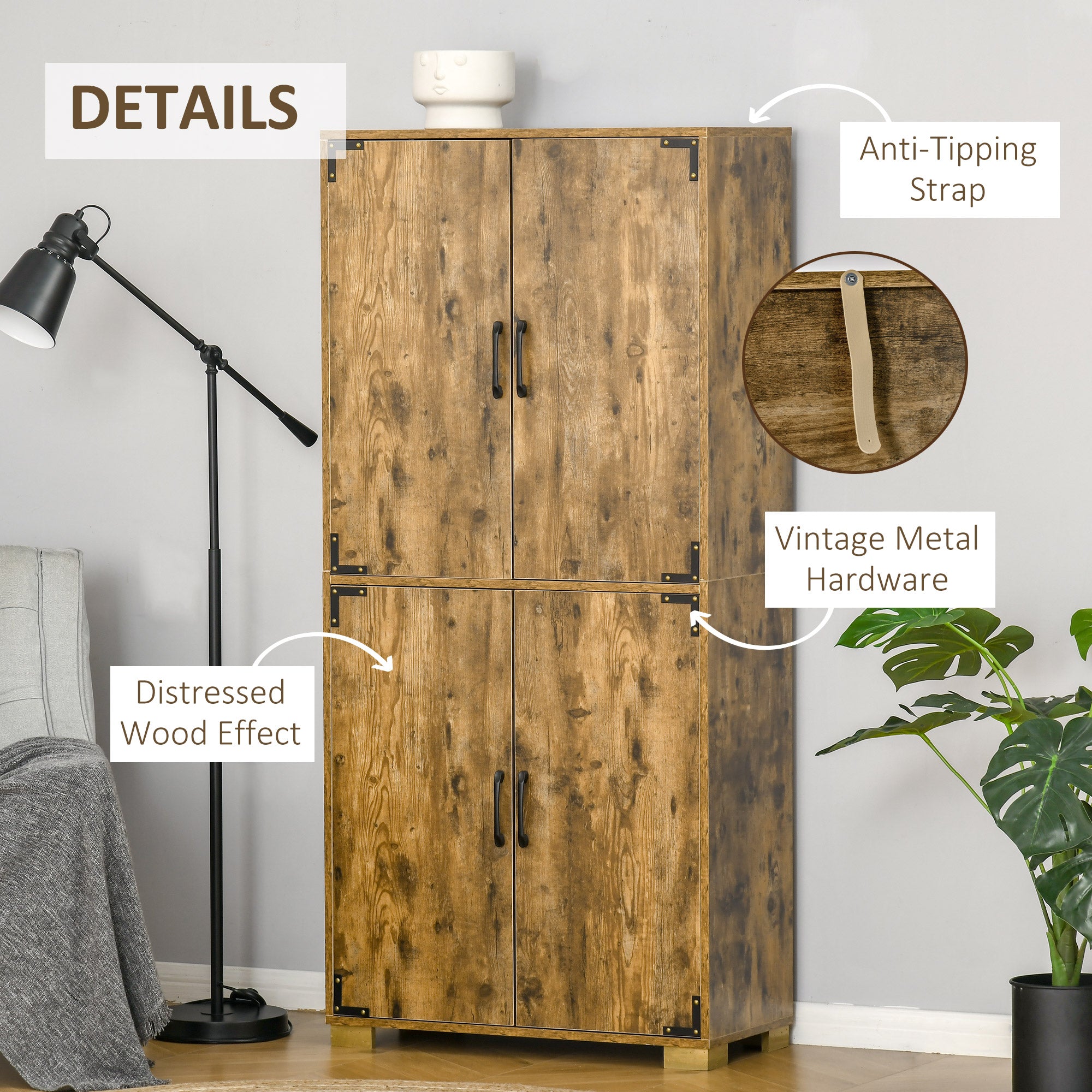 HOMCOM Farmhouse 4-Door Cabinet, Freestanding Tall Cupboard with Storage Shelves for Bedroom & Living Room, Rustic Wood Effect 