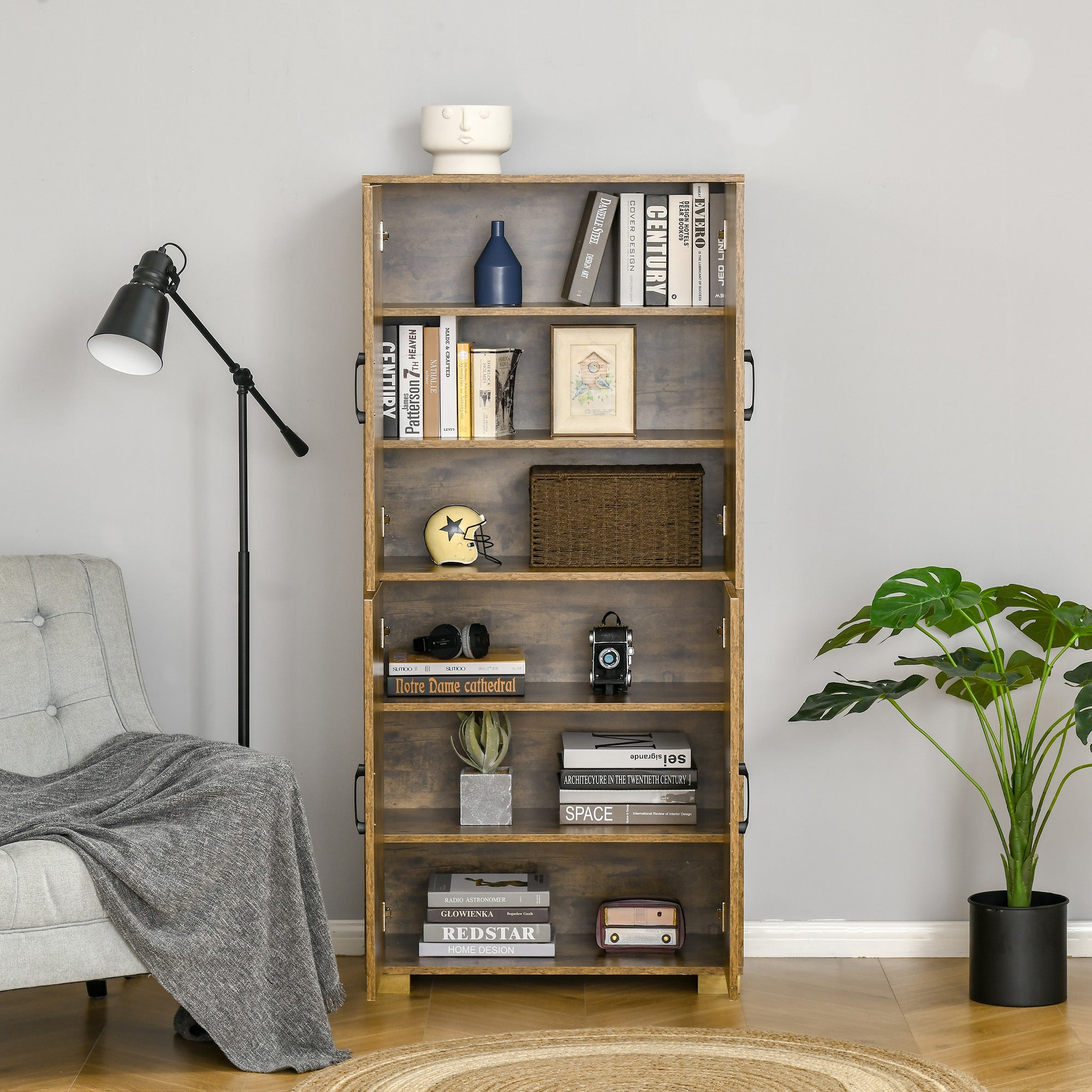 HOMCOM Farmhouse 4-Door Cabinet, Freestanding Tall Cupboard with Storage Shelves for Bedroom & Living Room, Rustic Wood Effect 