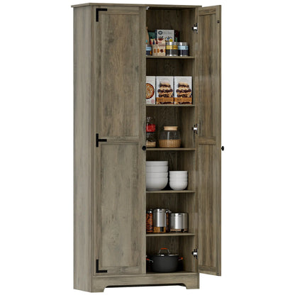 HOMCOM Farmhouse Kitchen Cupboard, Freestanding Kitchen Storage Cabinet with Adjustable Shelves, Tall Storage Cabinet with Recessed Doors, Grey Wood-Effect 