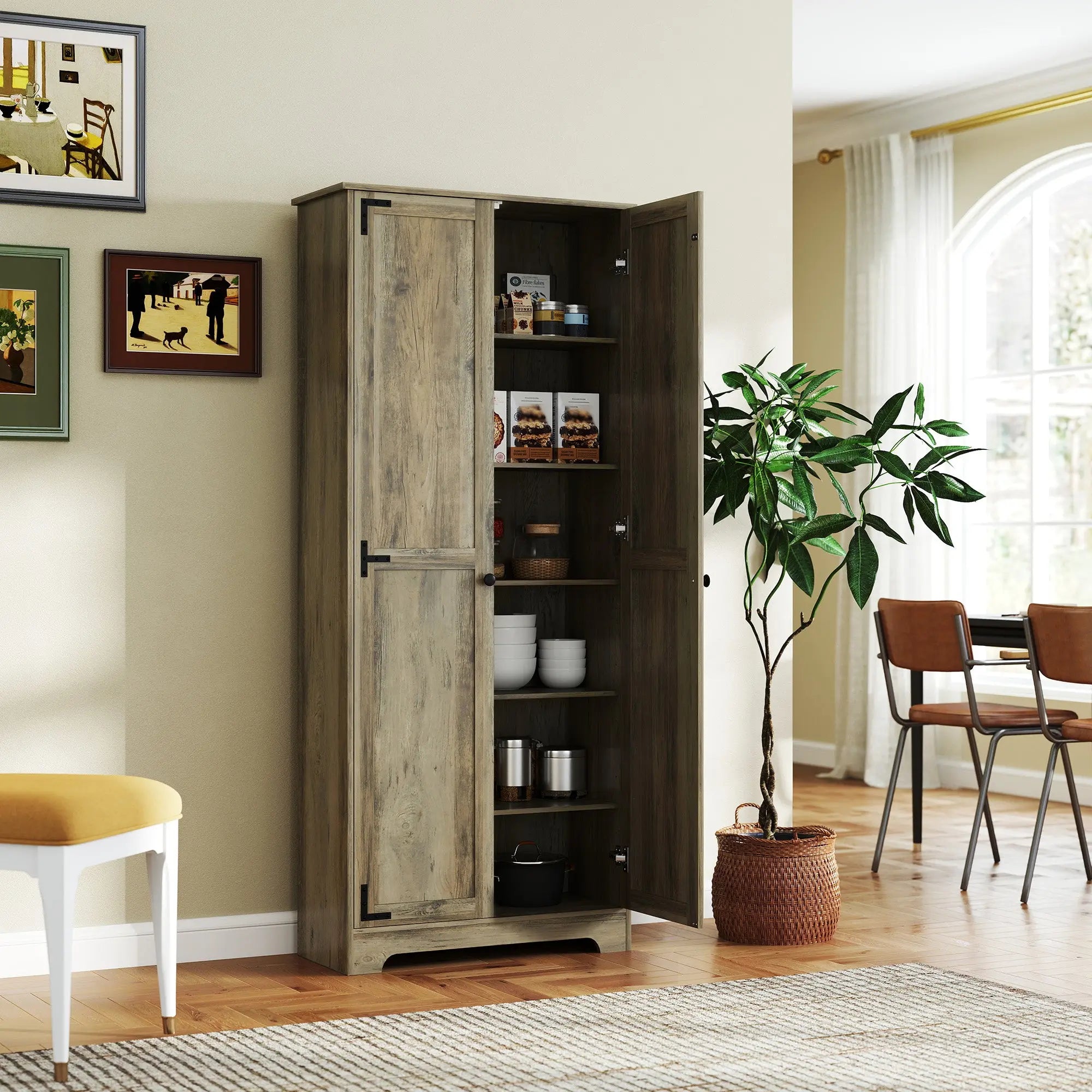 HOMCOM Farmhouse Kitchen Cupboard, Freestanding Kitchen Storage Cabinet with Adjustable Shelves, Tall Storage Cabinet with Recessed Doors, Grey Wood-Effect 