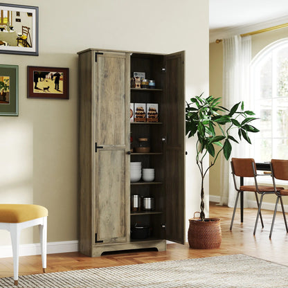 HOMCOM Farmhouse Kitchen Cupboard, Freestanding Kitchen Storage Cabinet with Adjustable Shelves, Tall Storage Cabinet with Recessed Doors, Grey Wood-Effect 