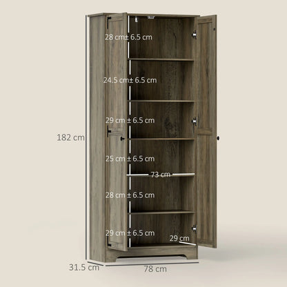 HOMCOM Farmhouse Kitchen Cupboard, Freestanding Kitchen Storage Cabinet with Adjustable Shelves, Tall Storage Cabinet with Recessed Doors, Grey Wood-Effect 