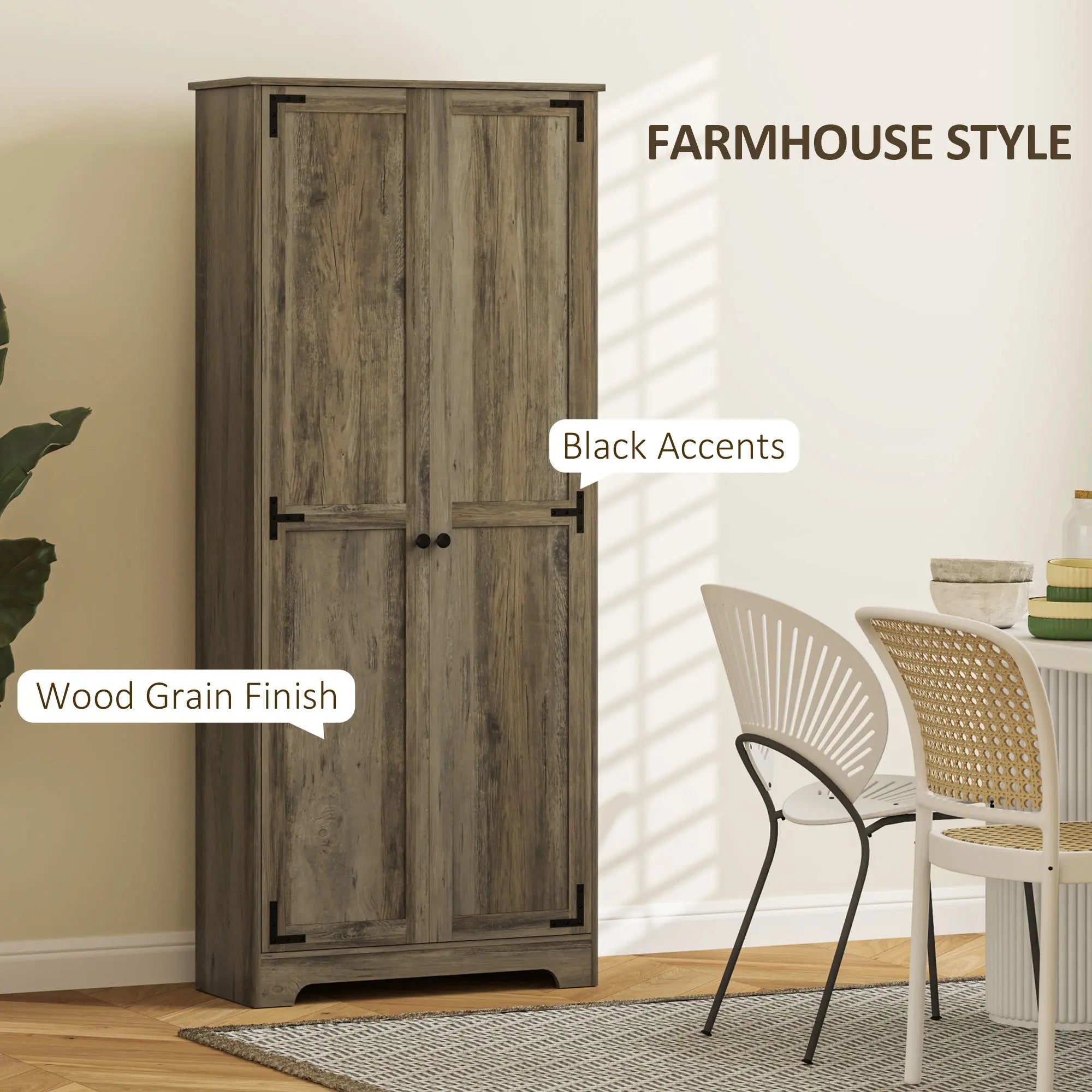 HOMCOM Farmhouse Kitchen Cupboard, Freestanding Kitchen Storage Cabinet with Adjustable Shelves, Tall Storage Cabinet with Recessed Doors, Grey Wood-Effect 