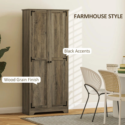 HOMCOM Farmhouse Kitchen Cupboard, Freestanding Kitchen Storage Cabinet with Adjustable Shelves, Tall Storage Cabinet with Recessed Doors, Grey Wood-Effect 