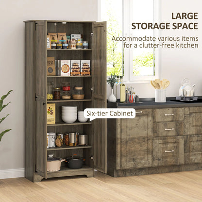 HOMCOM Farmhouse Kitchen Cupboard, Freestanding Kitchen Storage Cabinet with Adjustable Shelves, Tall Storage Cabinet with Recessed Doors, Grey Wood-Effect 