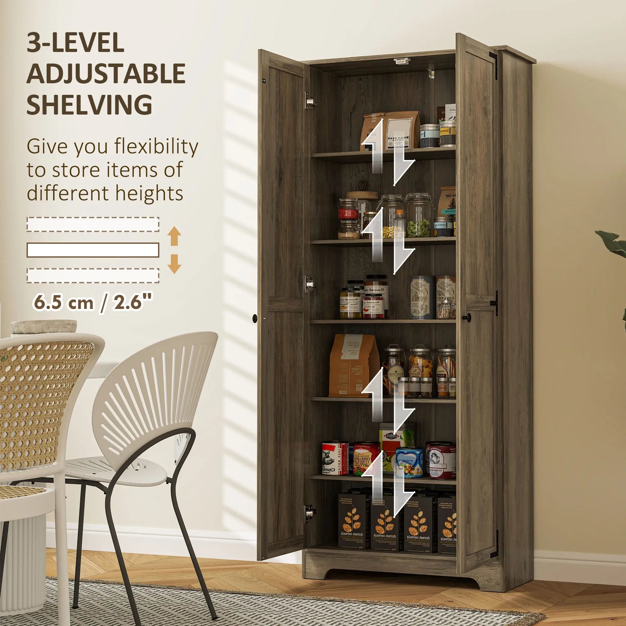 HOMCOM Farmhouse Kitchen Cupboard, Freestanding Kitchen Storage Cabinet with Adjustable Shelves, Tall Storage Cabinet with Recessed Doors, Grey Wood-Effect 