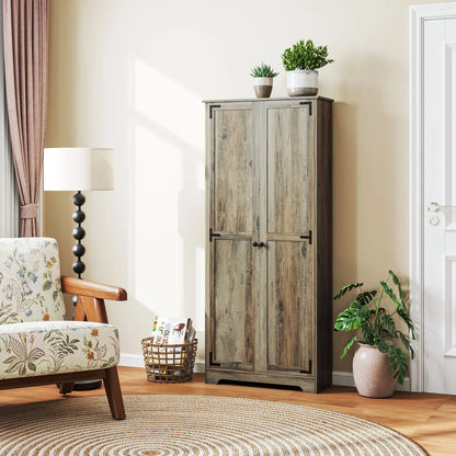 HOMCOM Farmhouse Kitchen Cupboard, Freestanding Kitchen Storage Cabinet with Adjustable Shelves, Tall Storage Cabinet with Recessed Doors, Grey Wood-Effect 