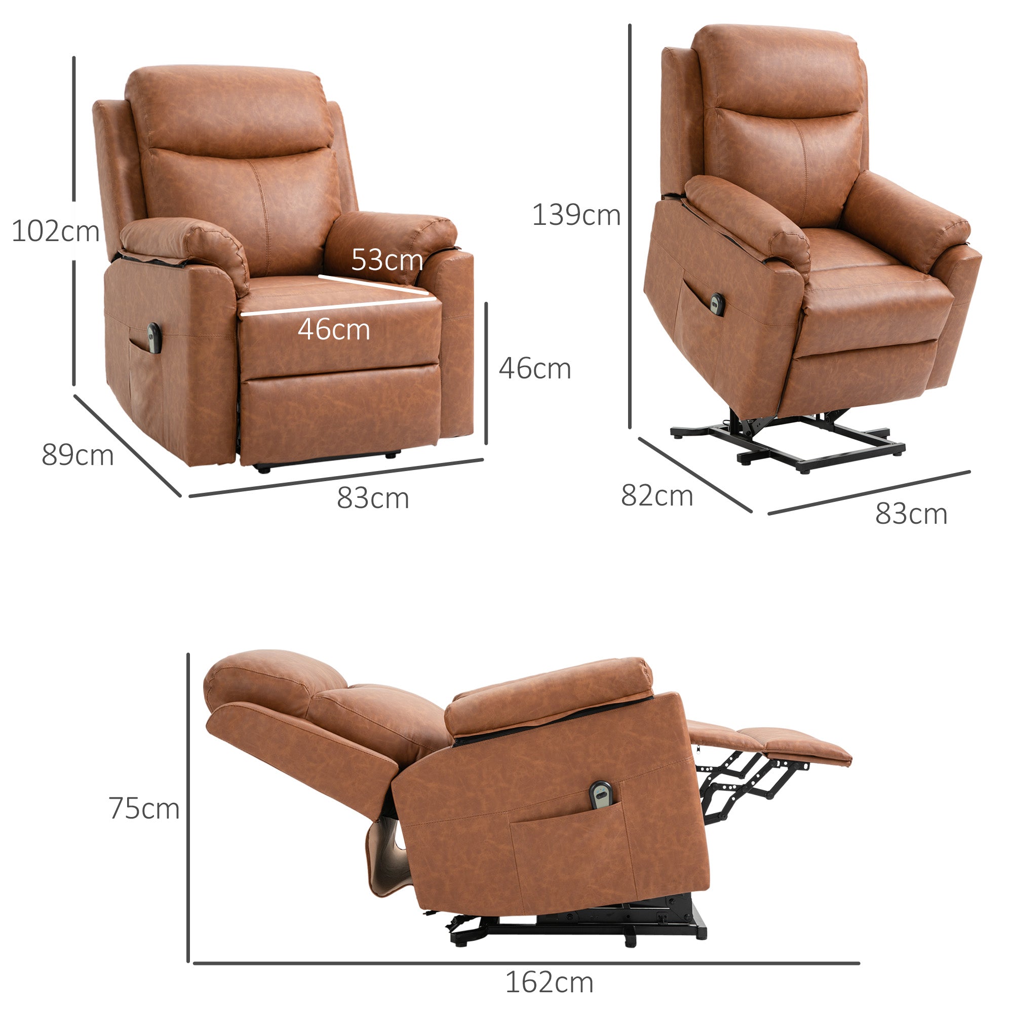HOMCOM Faux Leather 70° Electric Riser Recliner Chair - Brown 
