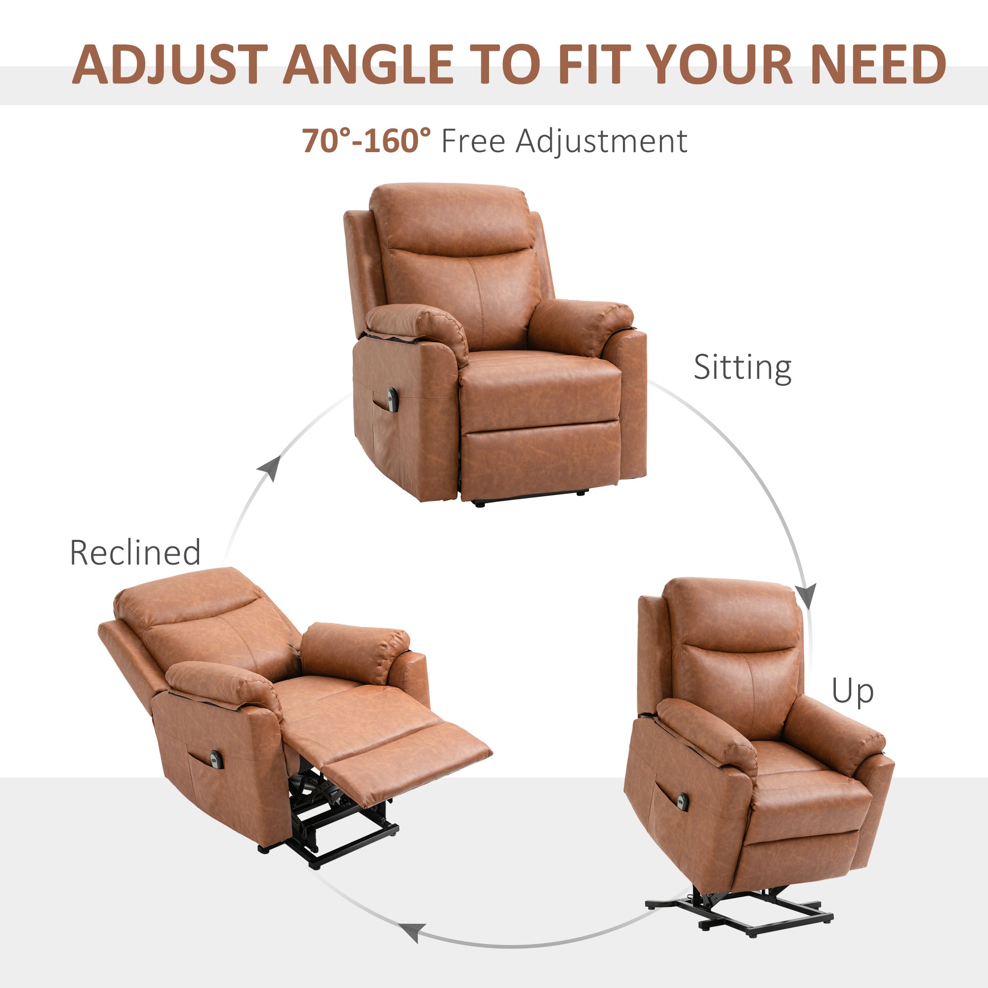 HOMCOM Faux Leather 70° Electric Riser Recliner Chair - Brown 