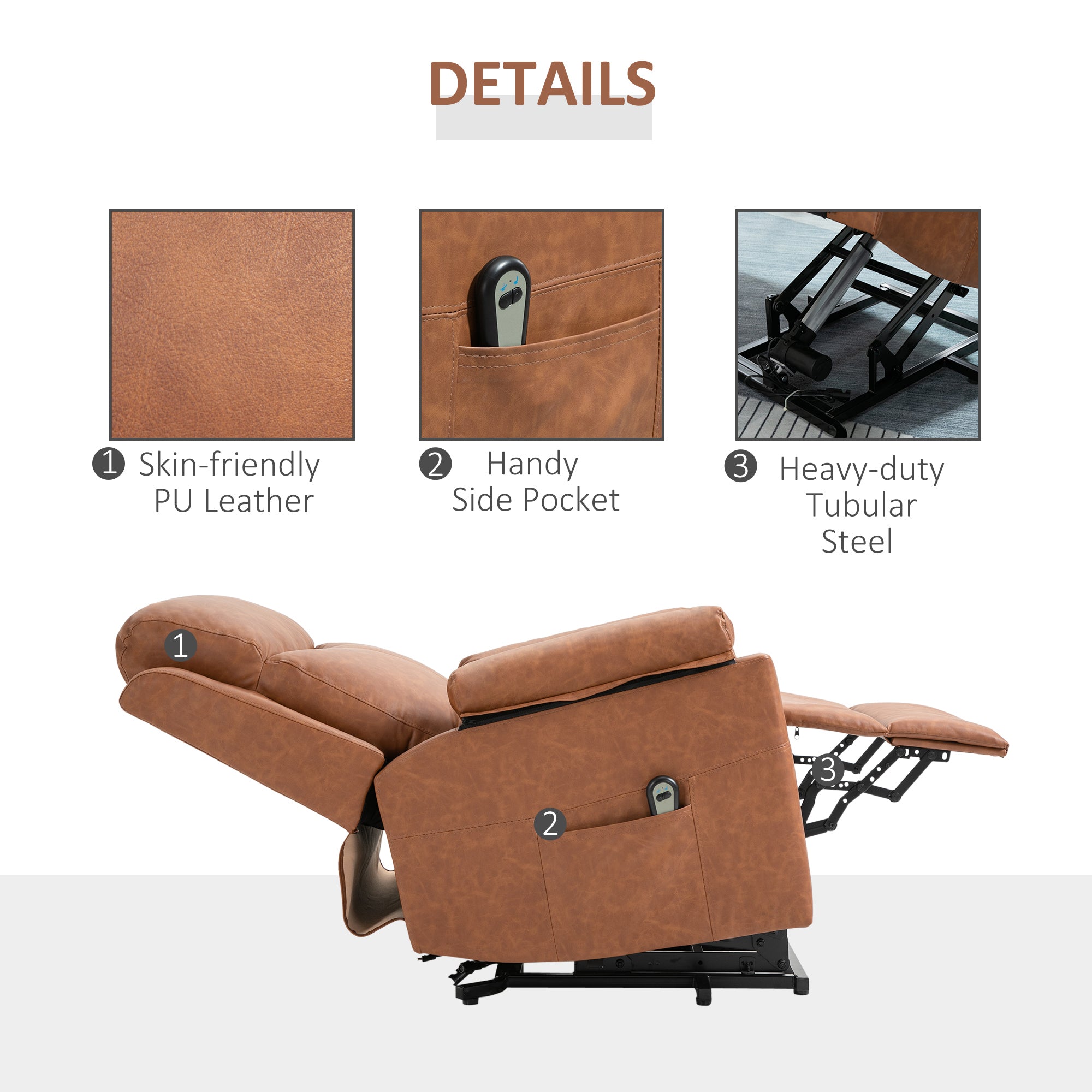 HOMCOM Faux Leather 70° Electric Riser Recliner Chair - Brown 