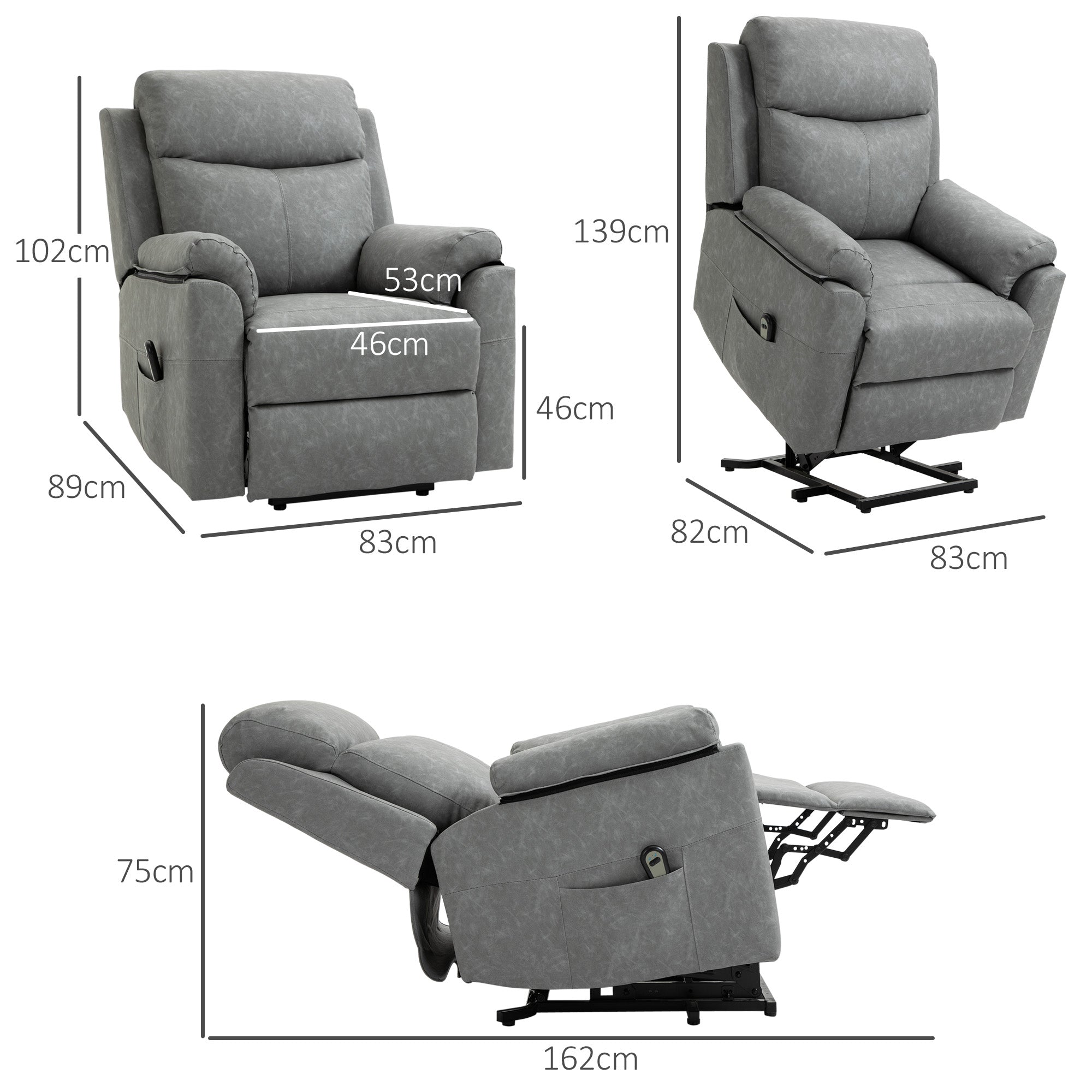 HOMCOM Faux Leather 70° Electric Riser Recliner Chair - Grey 