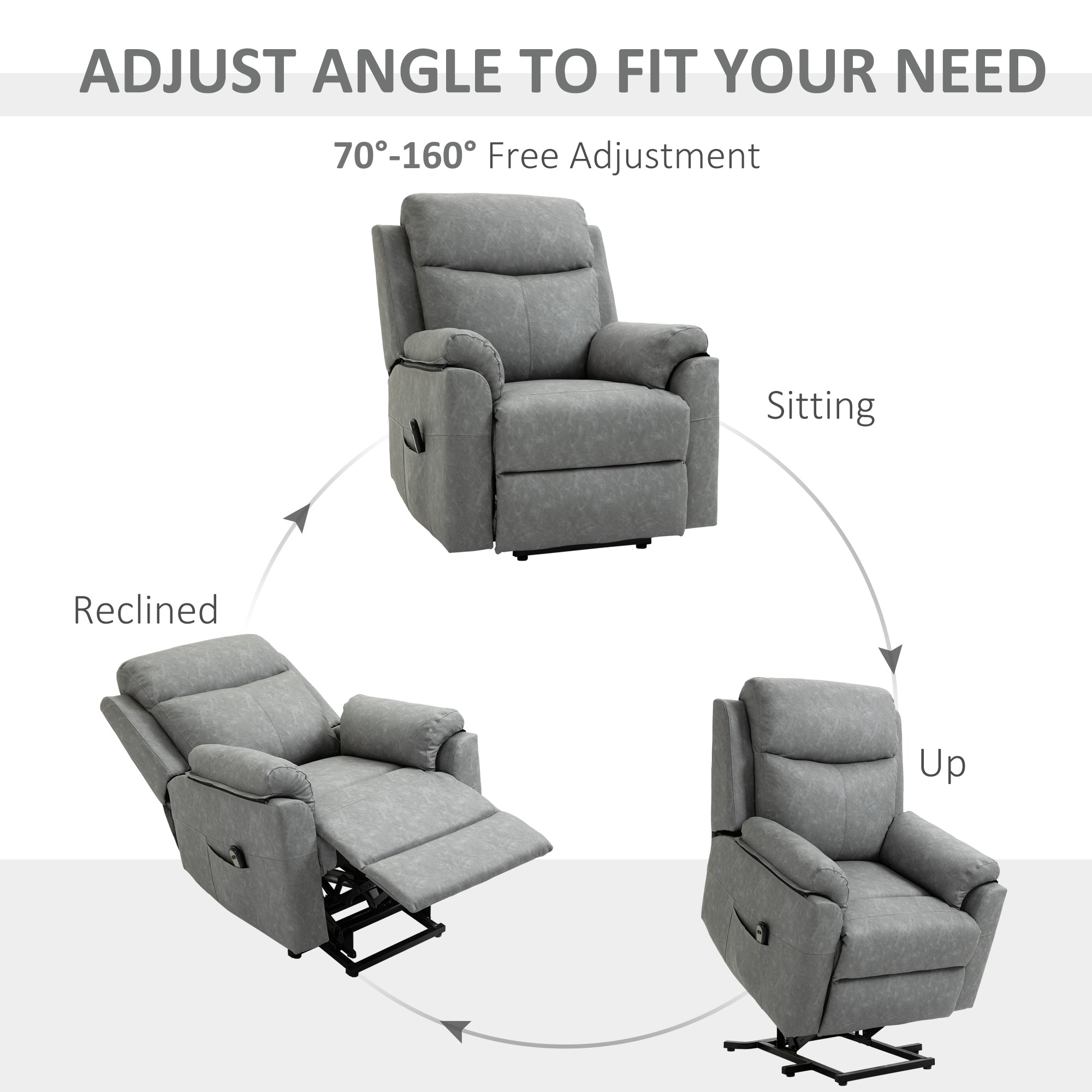 HOMCOM Faux Leather 70° Electric Riser Recliner Chair - Grey 