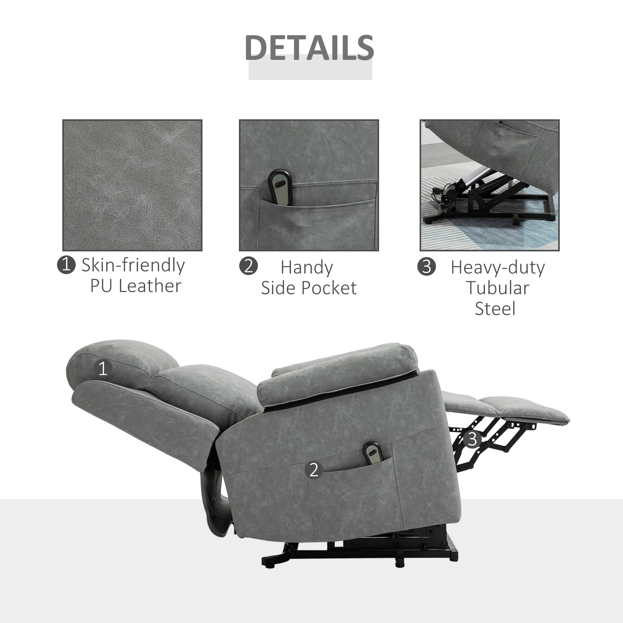 HOMCOM Faux Leather 70° Electric Riser Recliner Chair - Grey 