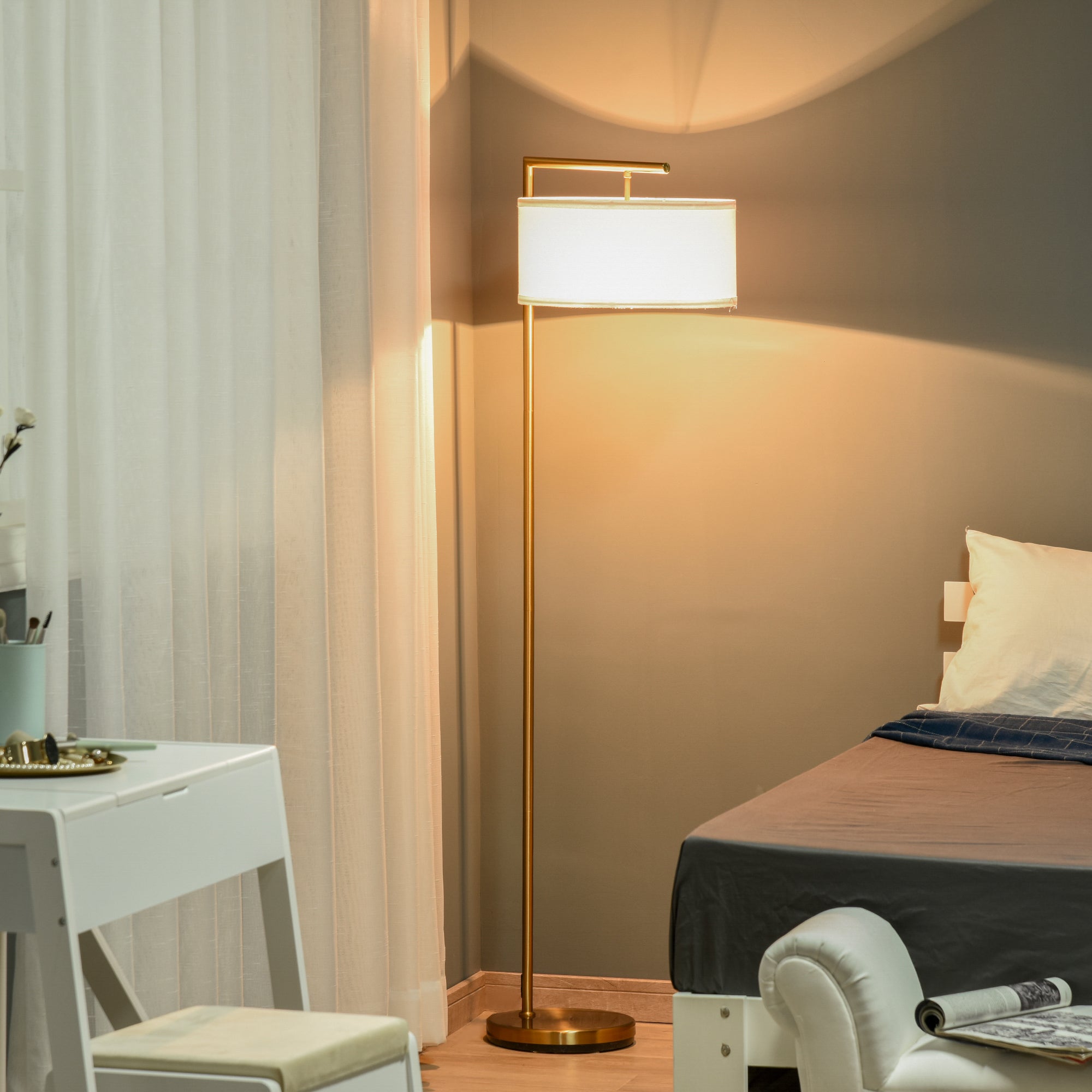HOMCOM Floor Lamp, Modern Standing Light with Linen Lampshade, Round Base for Living Room, Bedroom, Dining Room, 153cm, Gold and White 