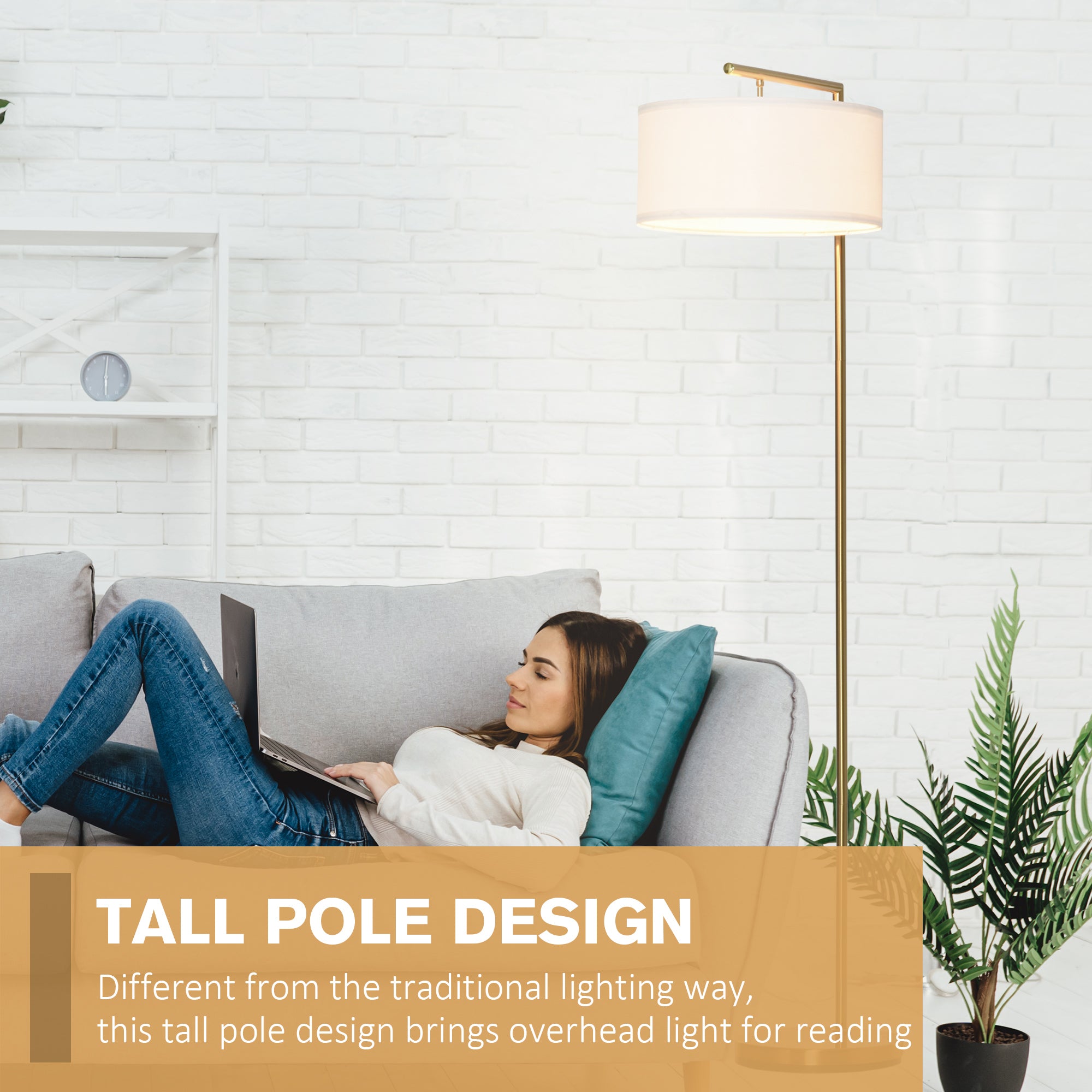 HOMCOM Floor Lamp, Modern Standing Light with Linen Lampshade, Round Base for Living Room, Bedroom, Dining Room, 153cm, Gold and White 