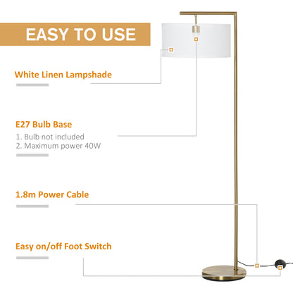 HOMCOM Floor Lamp, Modern Standing Light with Linen Lampshade, Round Base for Living Room, Bedroom, Dining Room, 153cm, Gold and White 