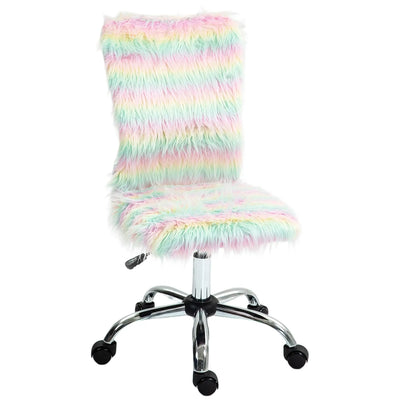HOMCOM Fluffy Desk Chair, Armless Students Chair, Makeup Vanity Chair with Adjustable Height, Rolling Wheels for Home Study Bedroom, Unicorn Tone 