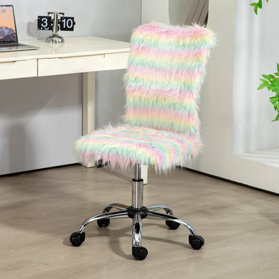 HOMCOM Fluffy Desk Chair, Armless Students Chair, Makeup Vanity Chair with Adjustable Height, Rolling Wheels for Home Study Bedroom, Unicorn Tone 