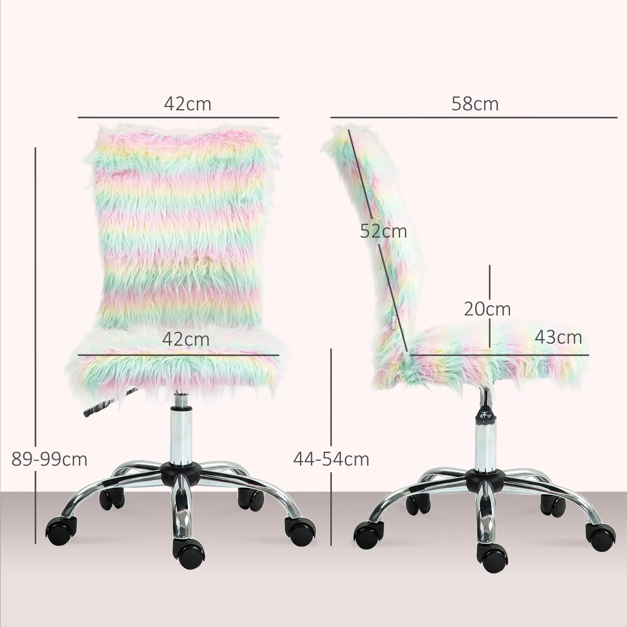 HOMCOM Fluffy Desk Chair, Armless Students Chair, Makeup Vanity Chair with Adjustable Height, Rolling Wheels for Home Study Bedroom, Unicorn Tone 