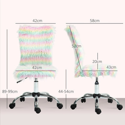 HOMCOM Fluffy Desk Chair, Armless Students Chair, Makeup Vanity Chair with Adjustable Height, Rolling Wheels for Home Study Bedroom, Unicorn Tone 