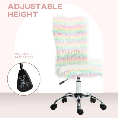 HOMCOM Fluffy Desk Chair, Armless Students Chair, Makeup Vanity Chair with Adjustable Height, Rolling Wheels for Home Study Bedroom, Unicorn Tone 