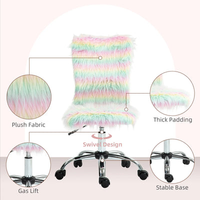 HOMCOM Fluffy Desk Chair, Armless Students Chair, Makeup Vanity Chair with Adjustable Height, Rolling Wheels for Home Study Bedroom, Unicorn Tone 