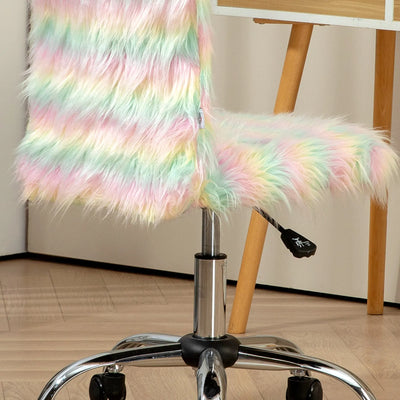 HOMCOM Fluffy Desk Chair, Armless Students Chair, Makeup Vanity Chair with Adjustable Height, Rolling Wheels for Home Study Bedroom, Unicorn Tone 