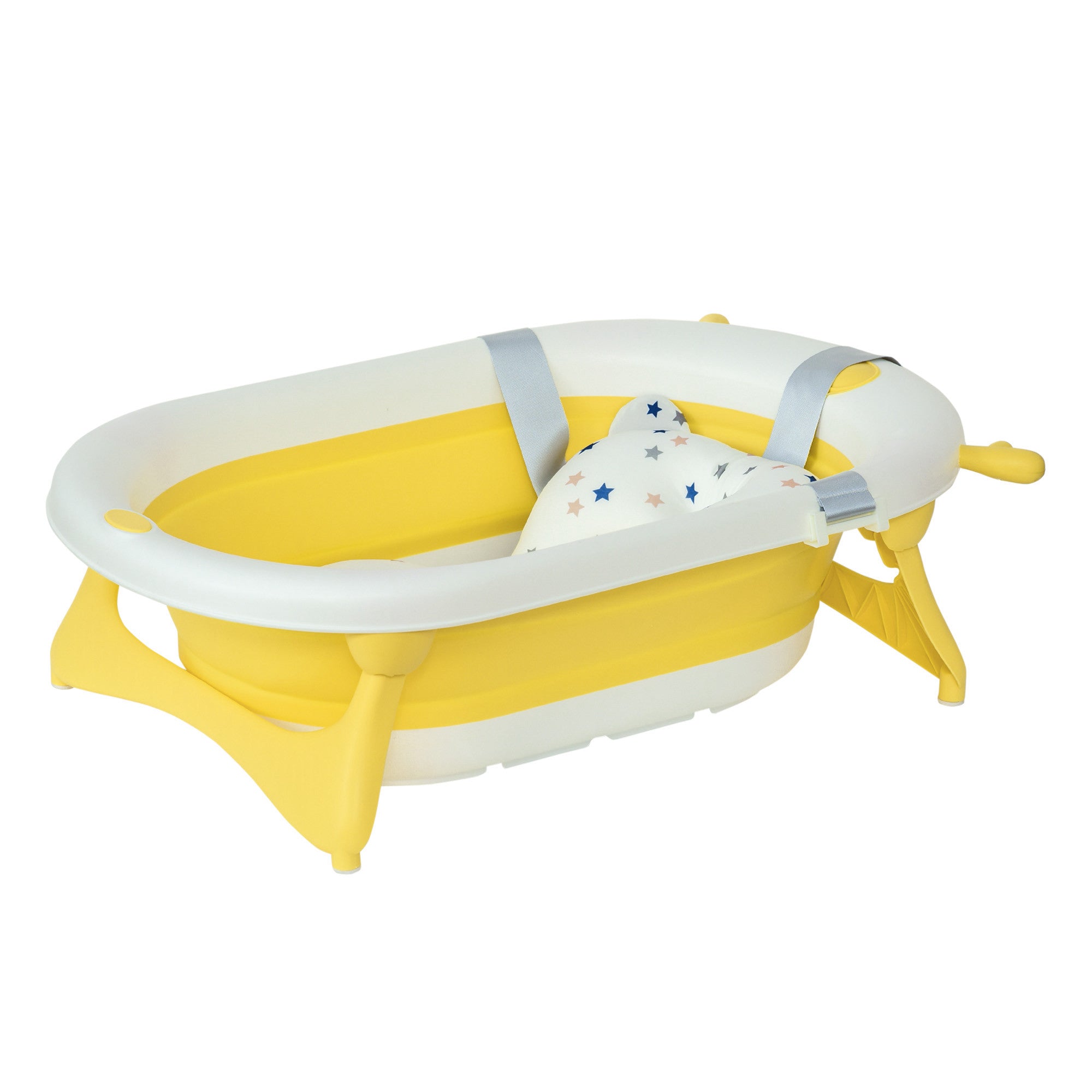 HOMCOM Foldable Baby Bathtub Set, Collapsible Bath Tub with Thermostatic Water Plug, Non-Slip Support, Cushion Pad, Drain Plugs, for Newborn to 3 Years - Yellow 